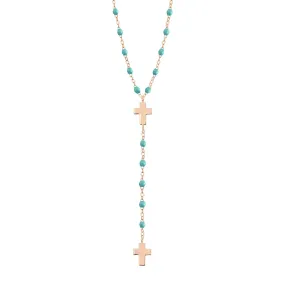 Cross Charm Classic Gigi Turquoise Green rosary, Rose Gold, 16.5