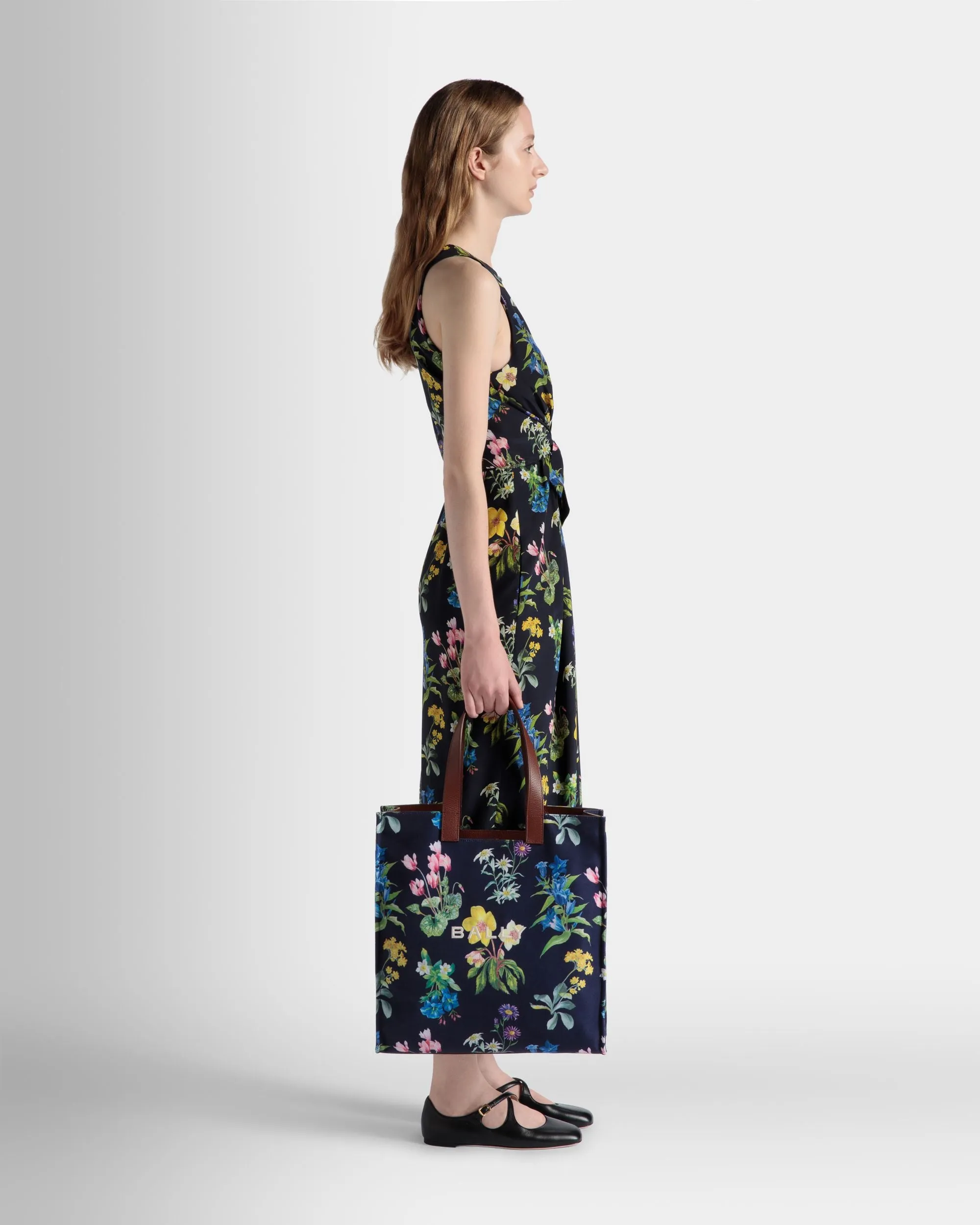 Easy Bally Tote Bag In Mountain Flower Print Canvas And Leather