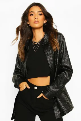 Faux Croc Faux Leather Belted Trench Coat