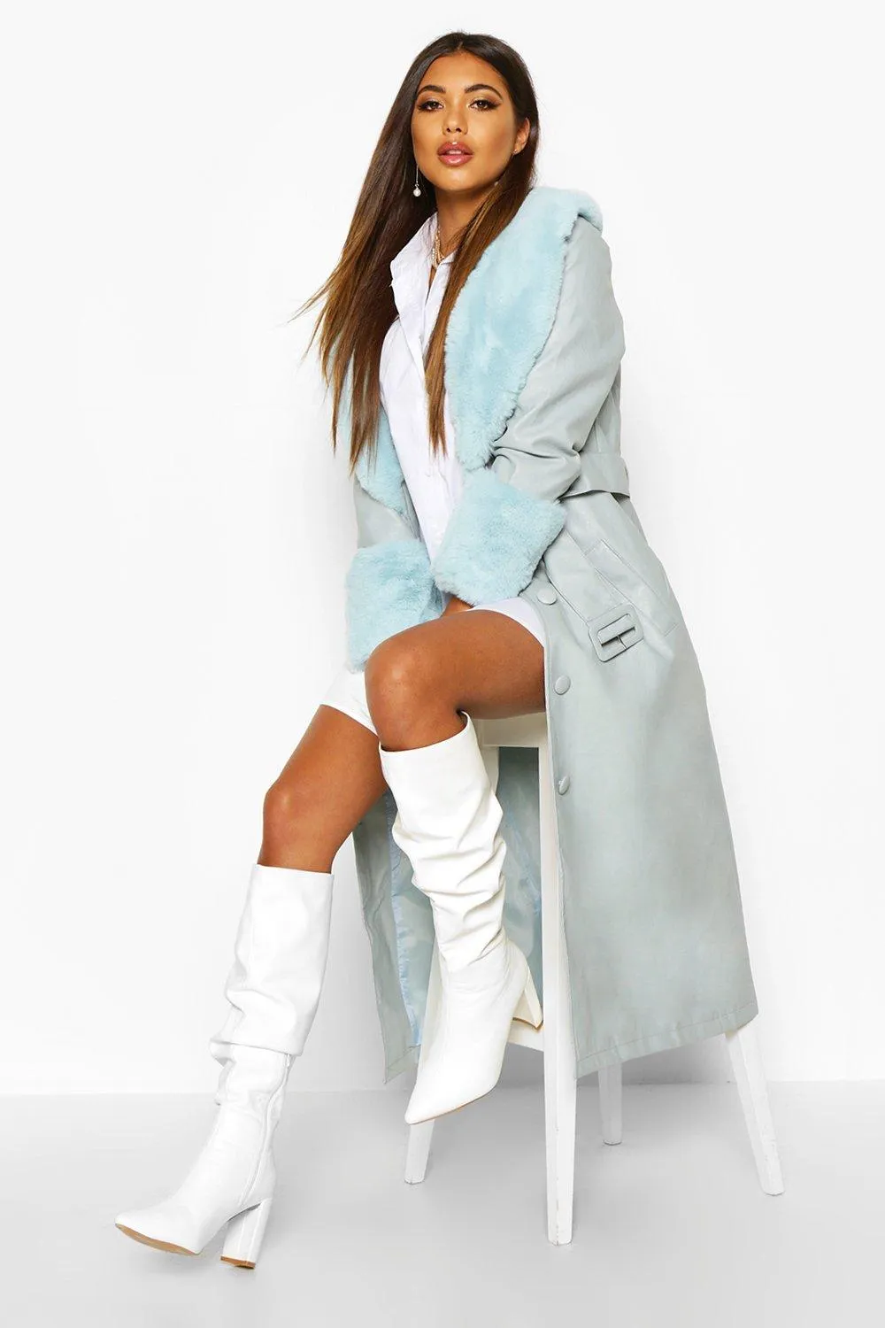 Faux Fur Trim Pu Trench Coat