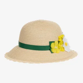 Girls Beige Straw Floral Appliqué Hat