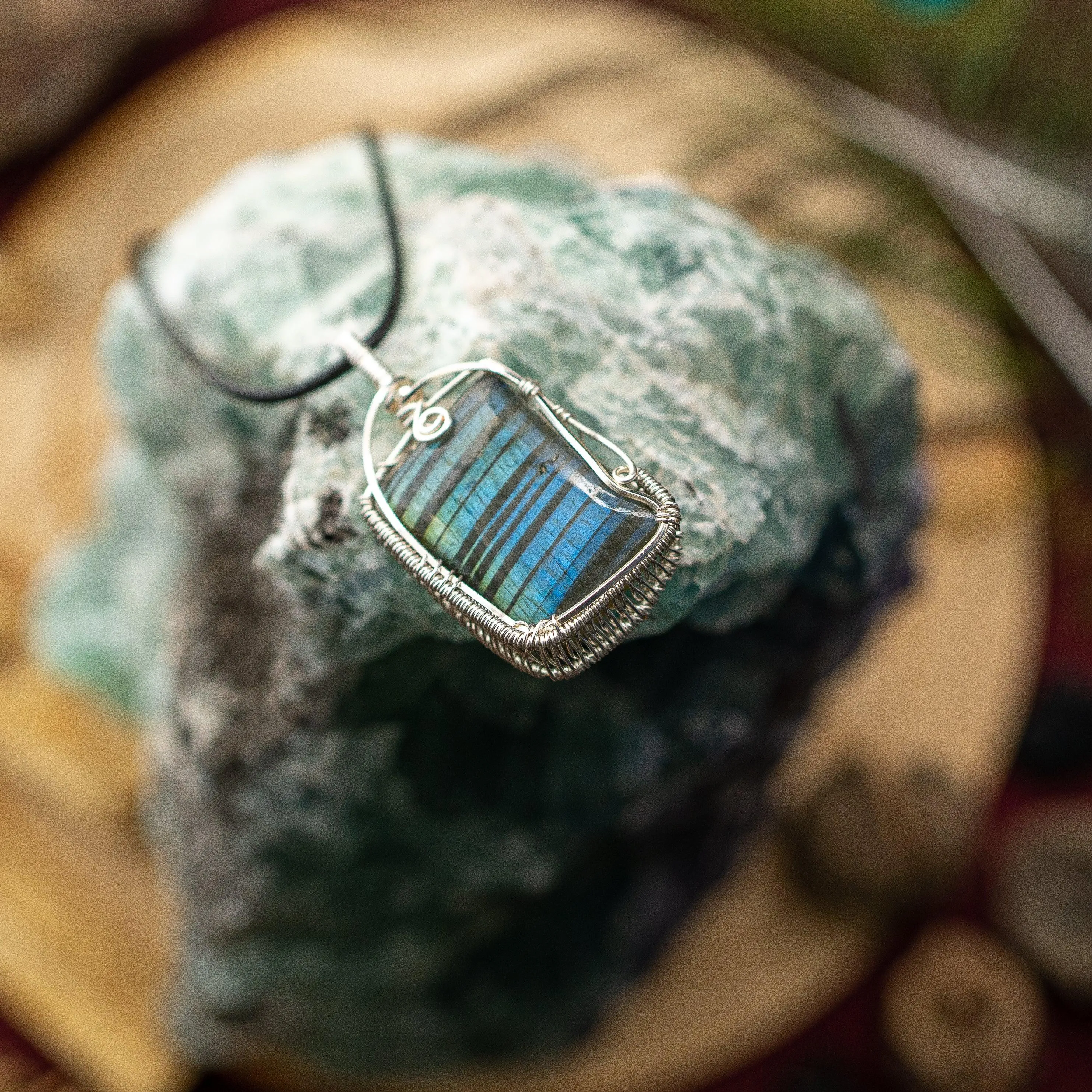 Gorgeous Flashy Blue Green Labradorite Wire Wrapped Pendant ~ Includes Necklace Cord