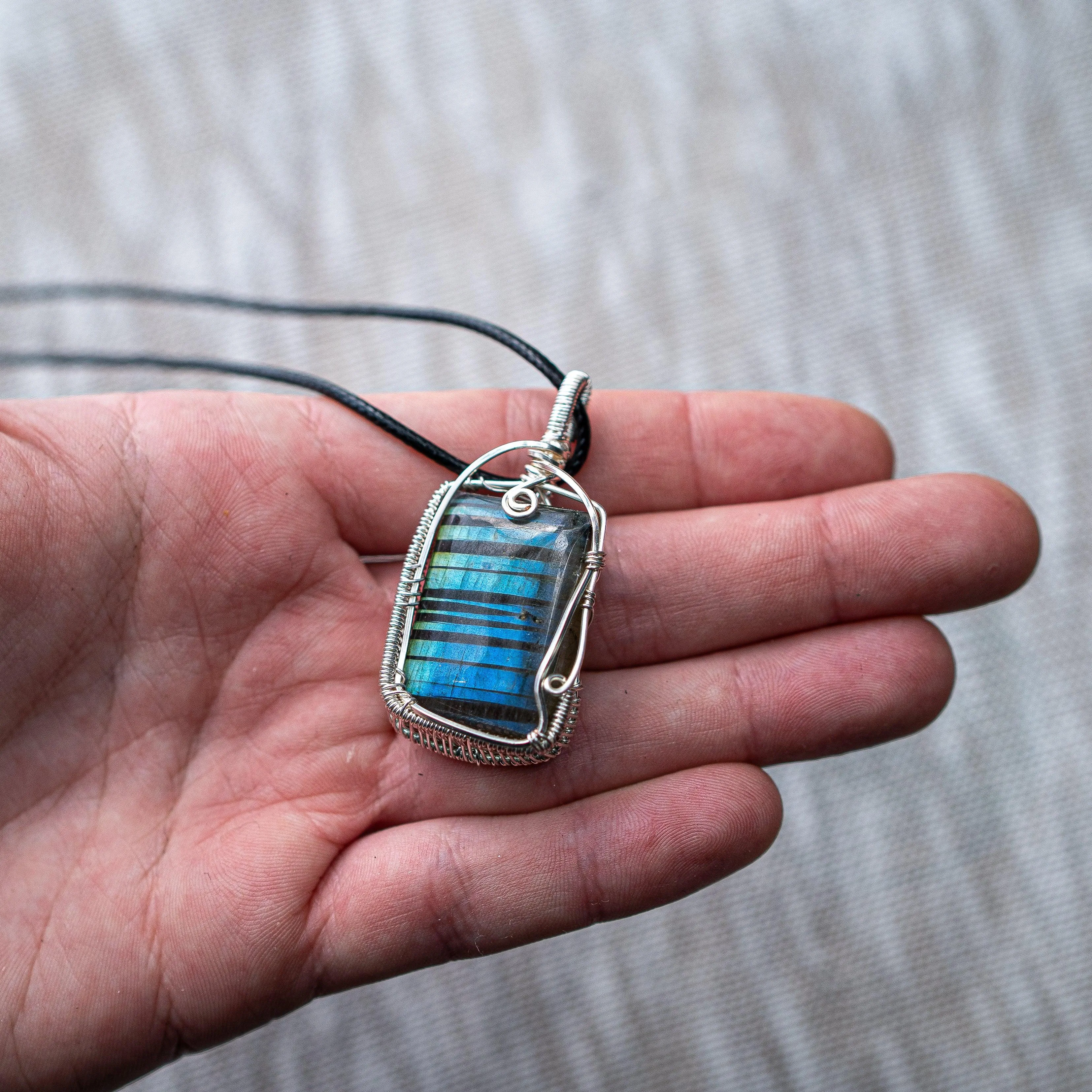 Gorgeous Flashy Blue Green Labradorite Wire Wrapped Pendant ~ Includes Necklace Cord