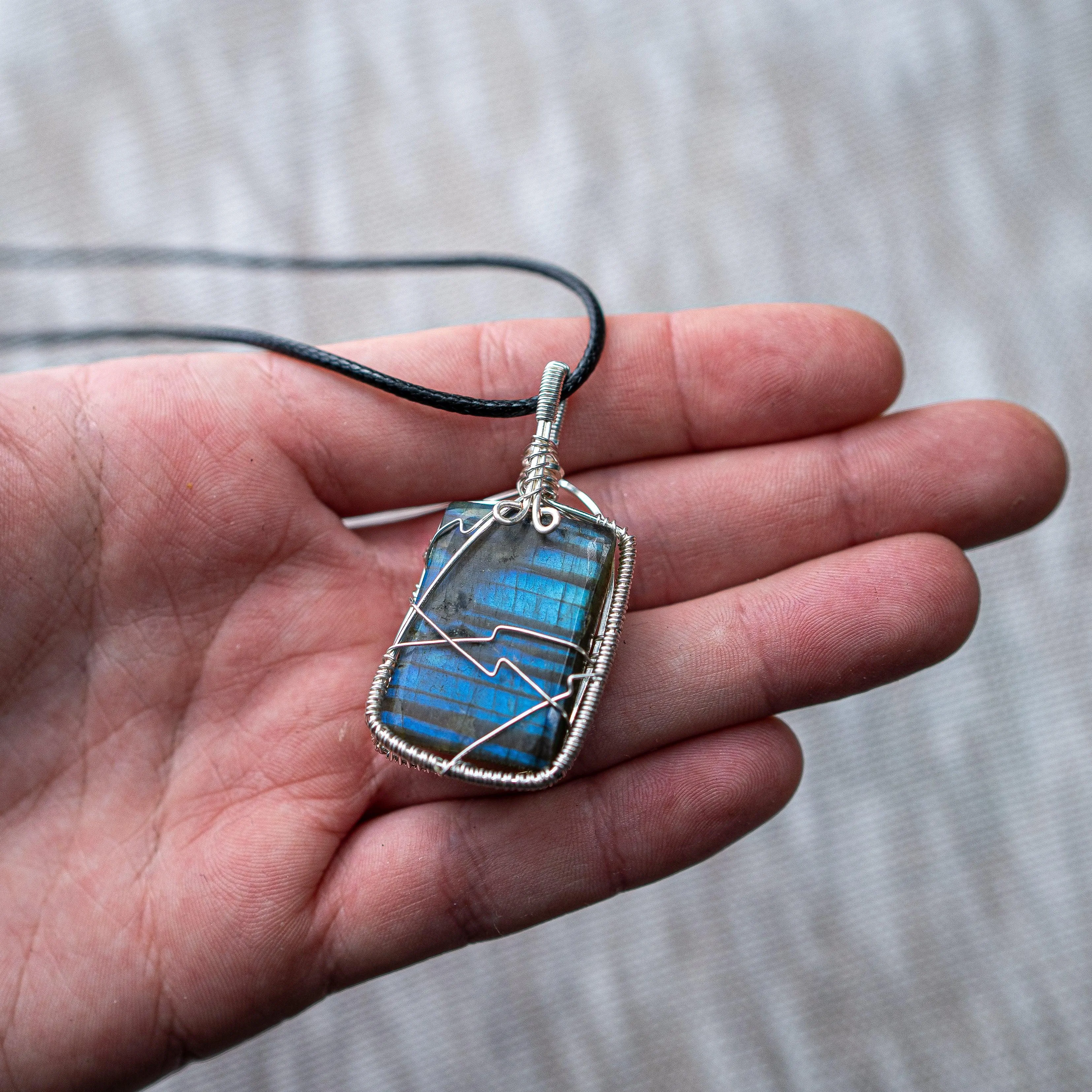 Gorgeous Flashy Blue Green Labradorite Wire Wrapped Pendant ~ Includes Necklace Cord