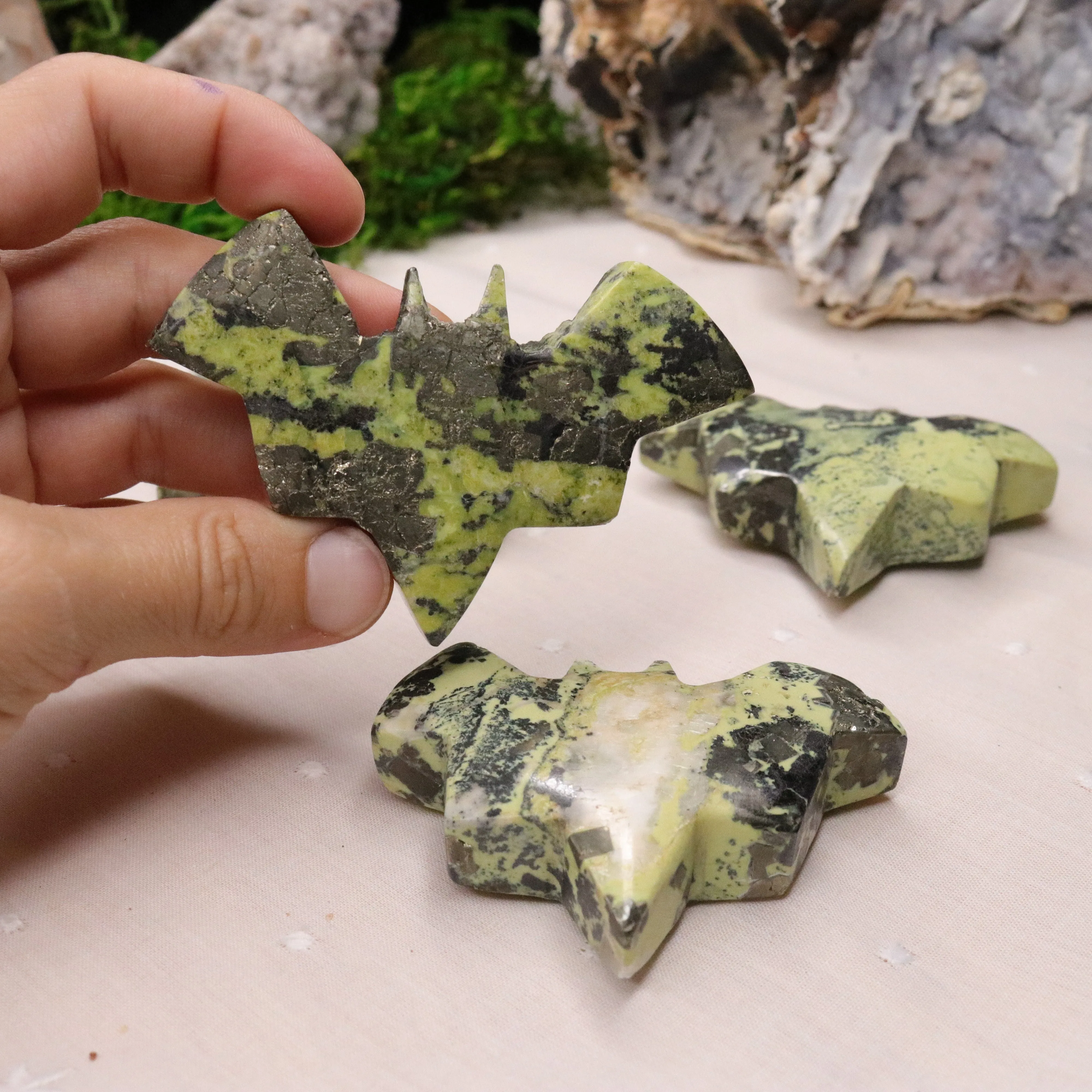 Green Serpentine and Pyrite Bat Carvings from Peru