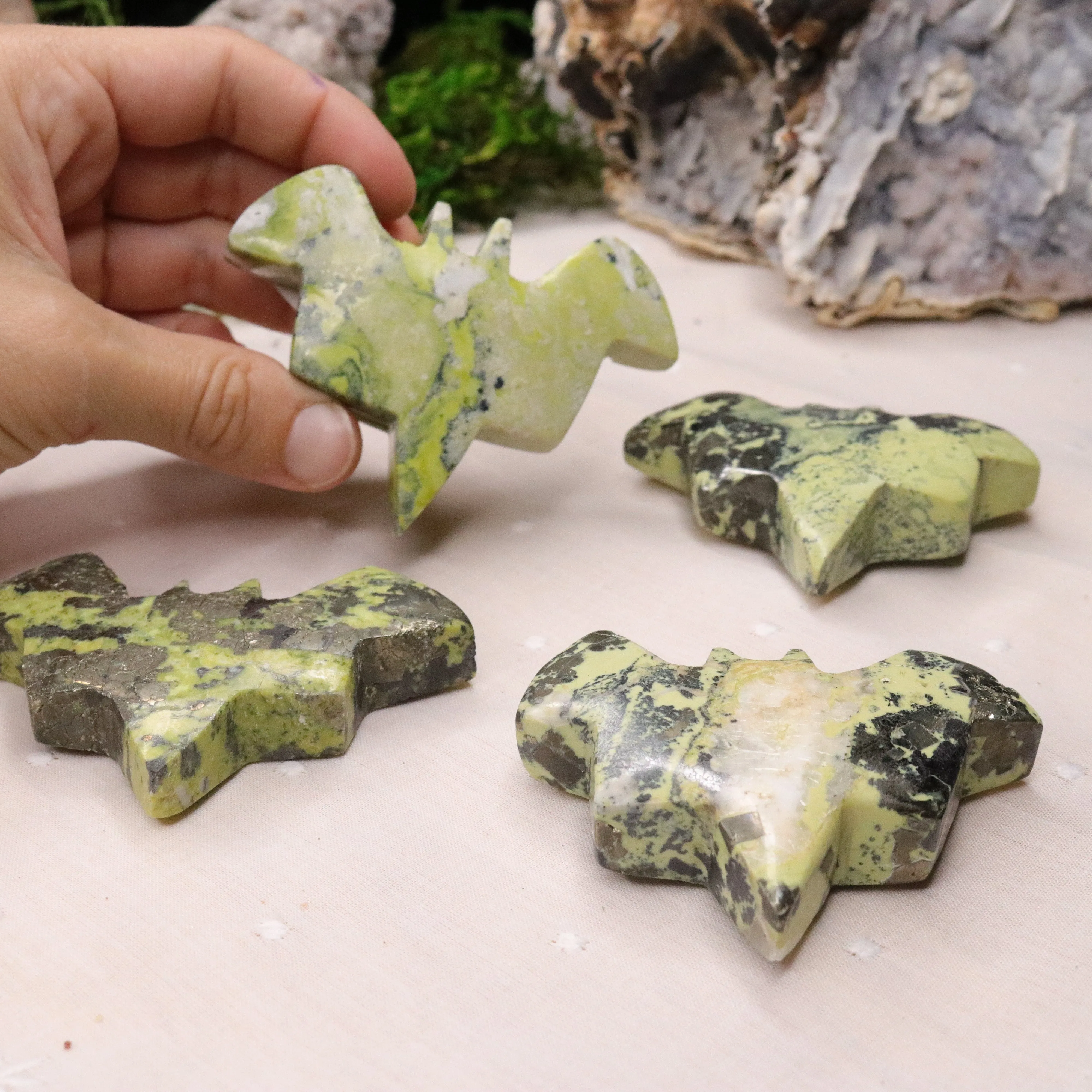 Green Serpentine and Pyrite Bat Carvings from Peru