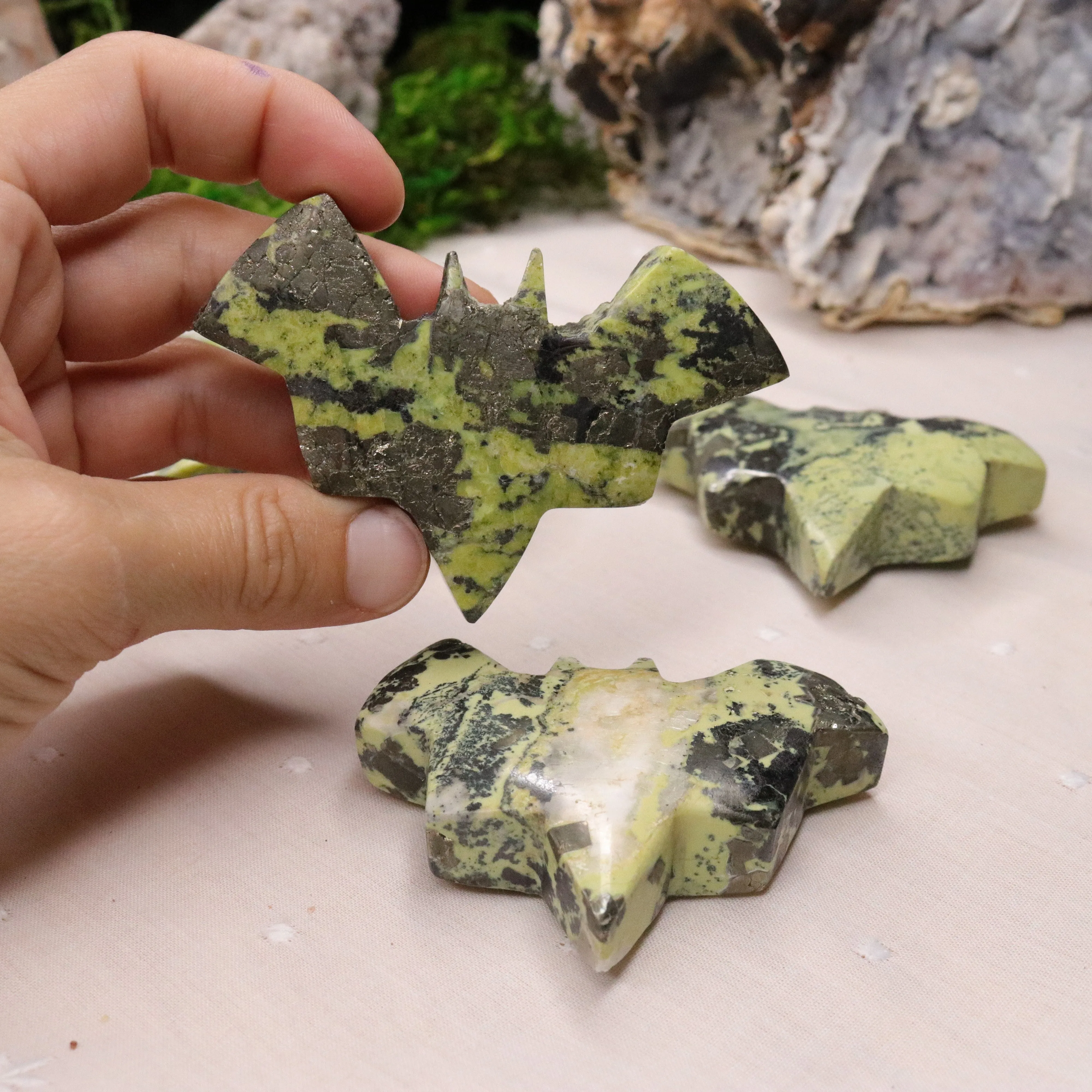 Green Serpentine and Pyrite Bat Carvings from Peru