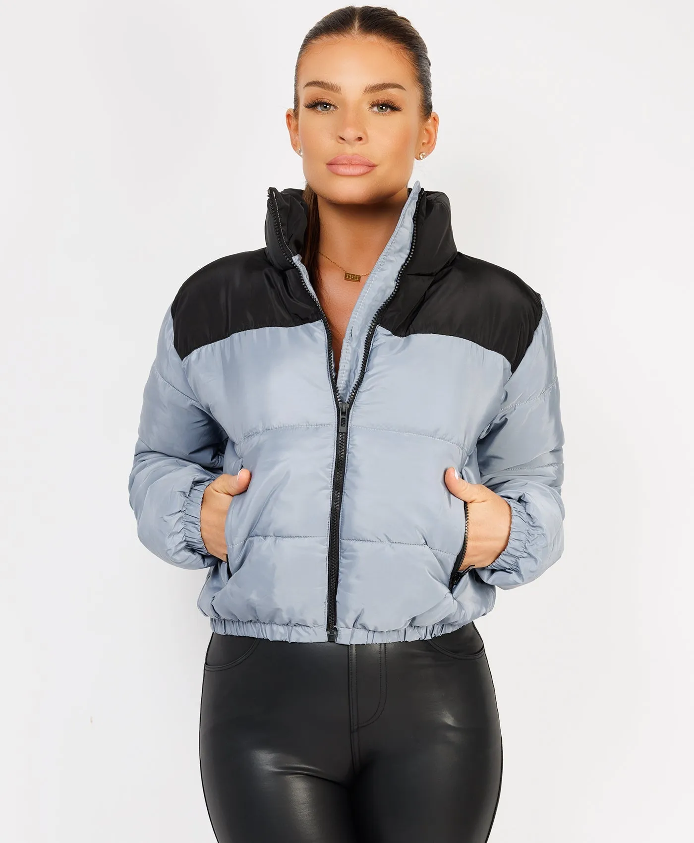 Grey Colour Block Padded Zipped Puffer Bomber Jacket