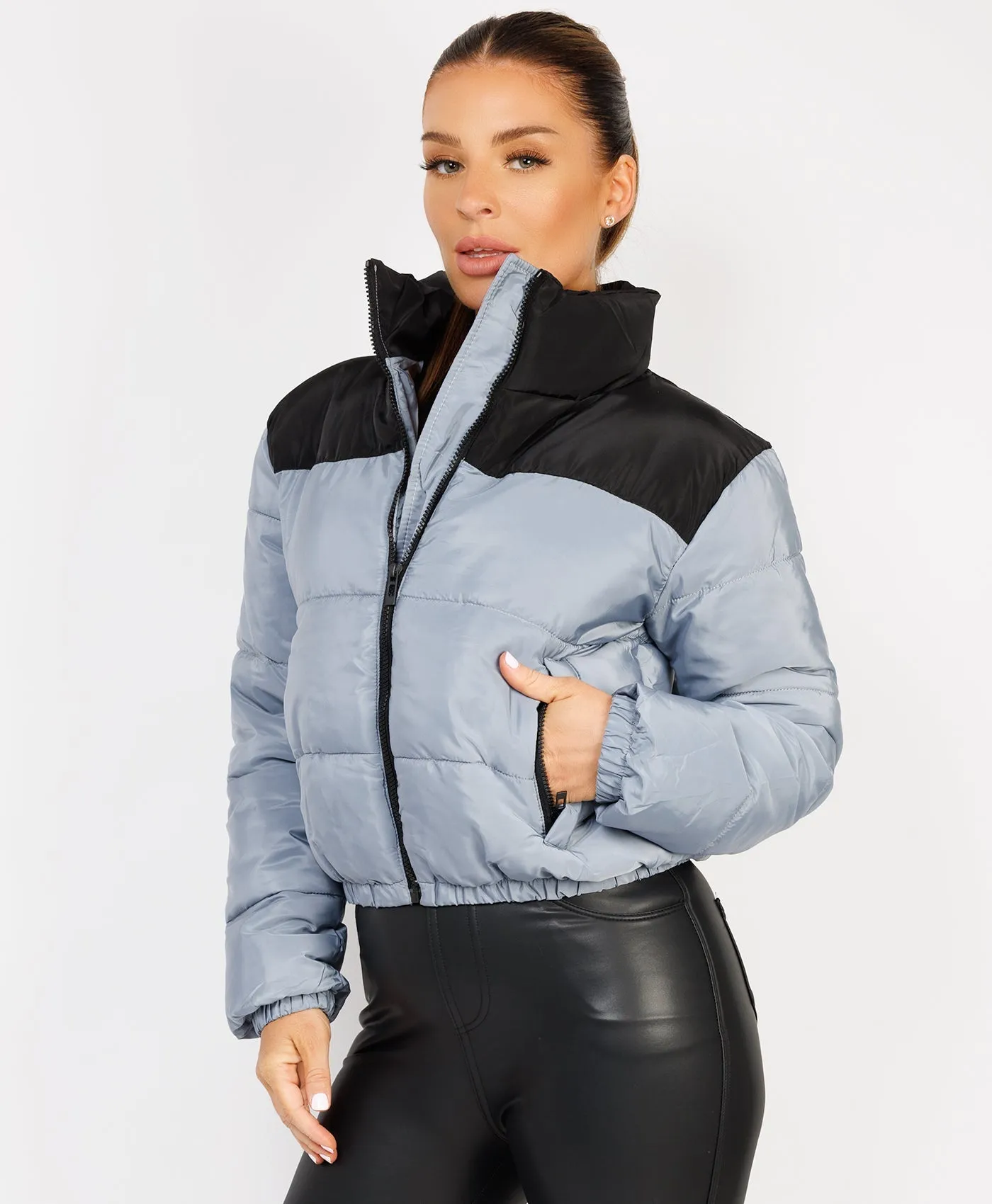 Grey Colour Block Padded Zipped Puffer Bomber Jacket