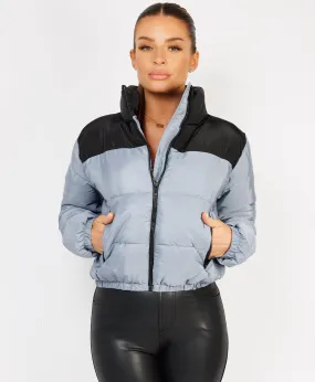 Grey Colour Block Padded Zipped Puffer Bomber Jacket