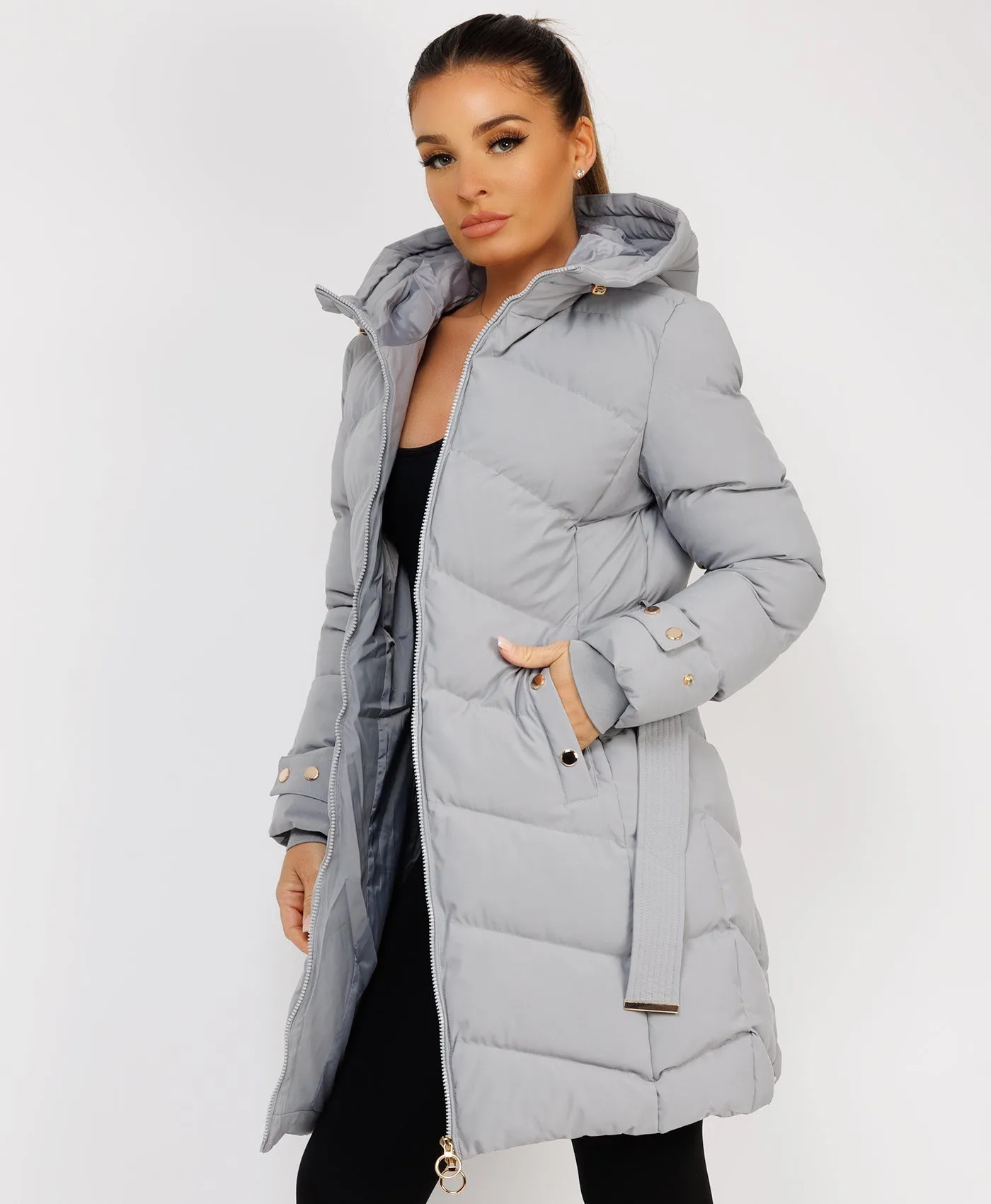 Grey Long Puffer Coat With Belt And Gold Button Detail