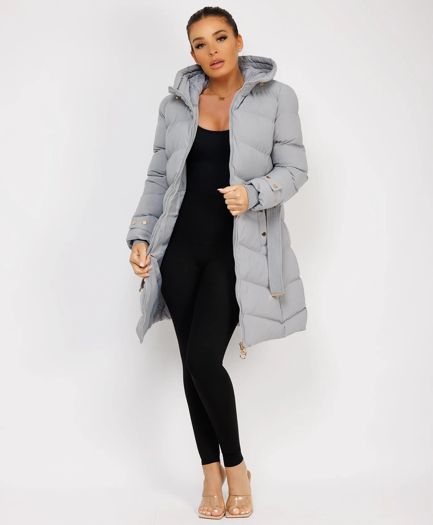 Grey Long Puffer Coat With Belt And Gold Button Detail