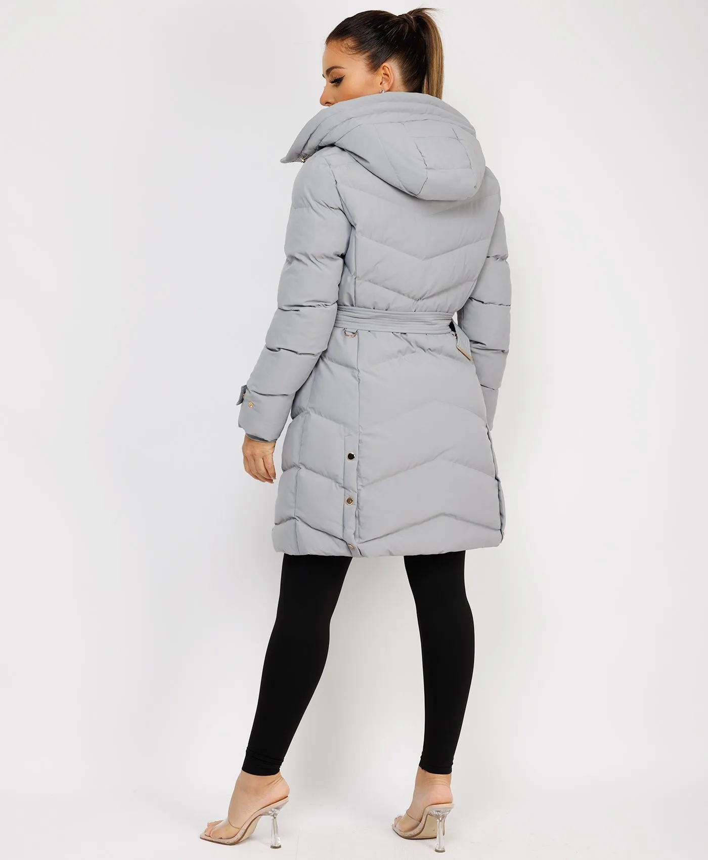 Grey Long Puffer Coat With Belt And Gold Button Detail