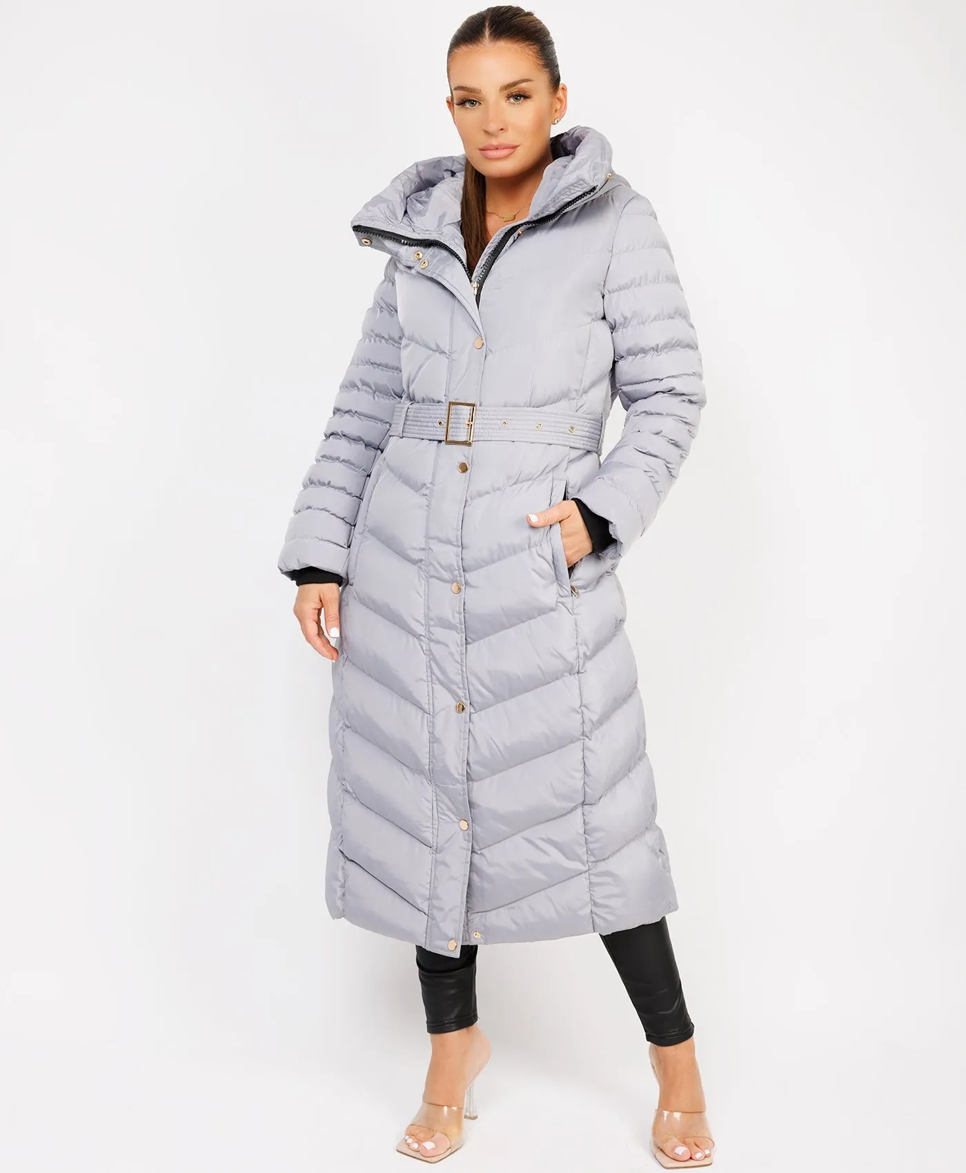 Grey Longline Padded Full Length Belted Puffer Coat Jacket