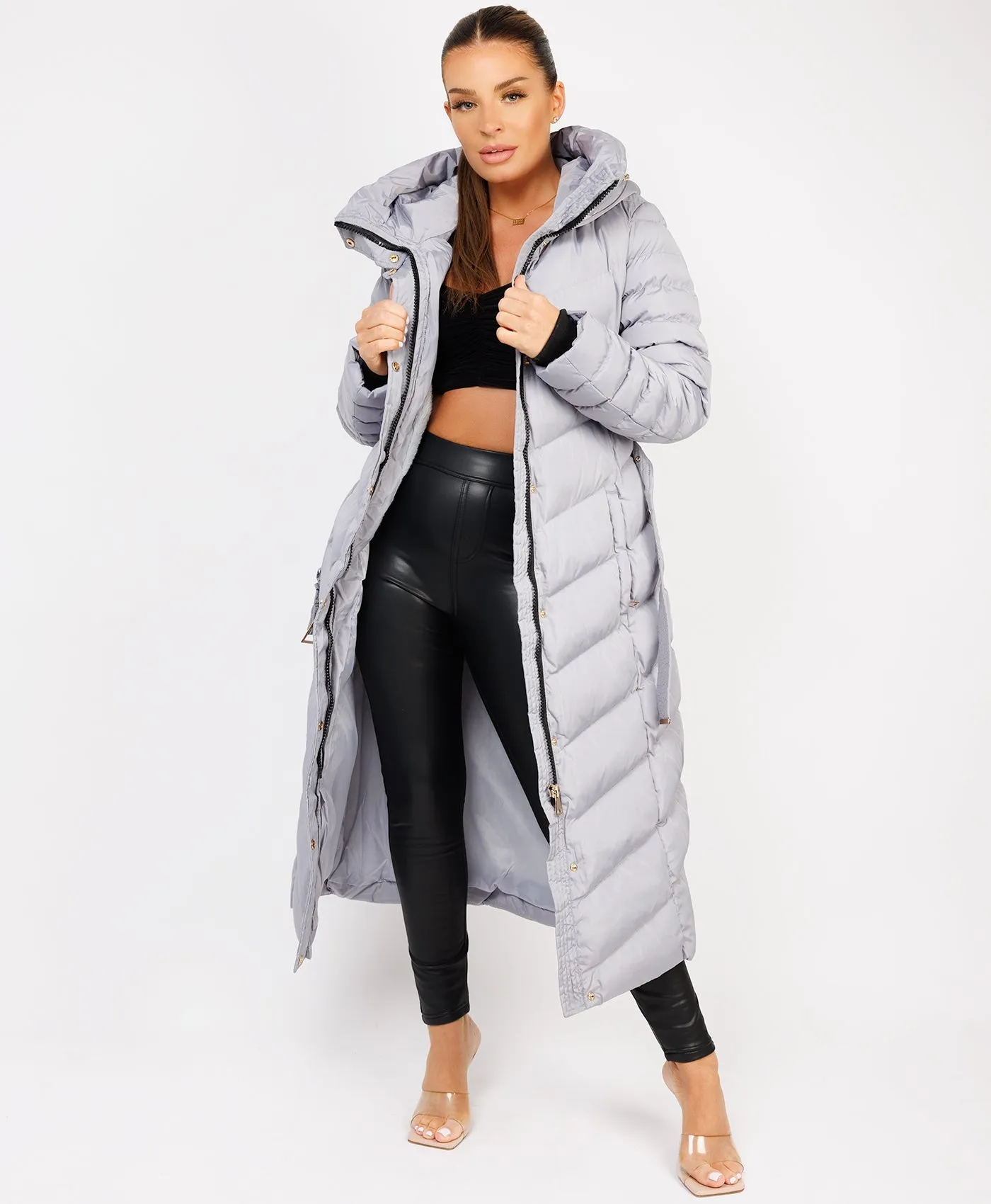 Grey Longline Padded Full Length Belted Puffer Coat Jacket