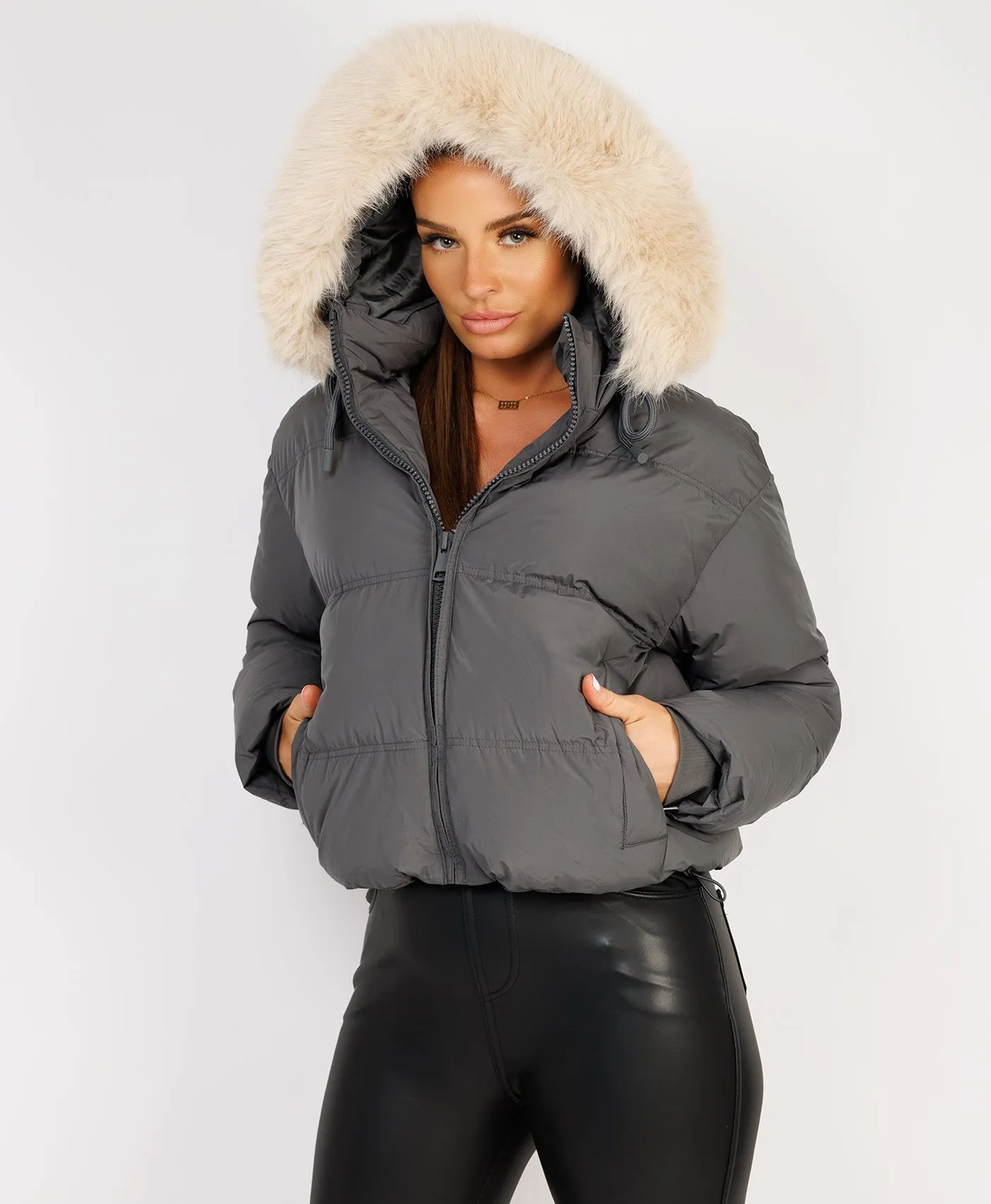 Grey Padded Puffer Chunky Faux Fur Hood Drawstring Jacket