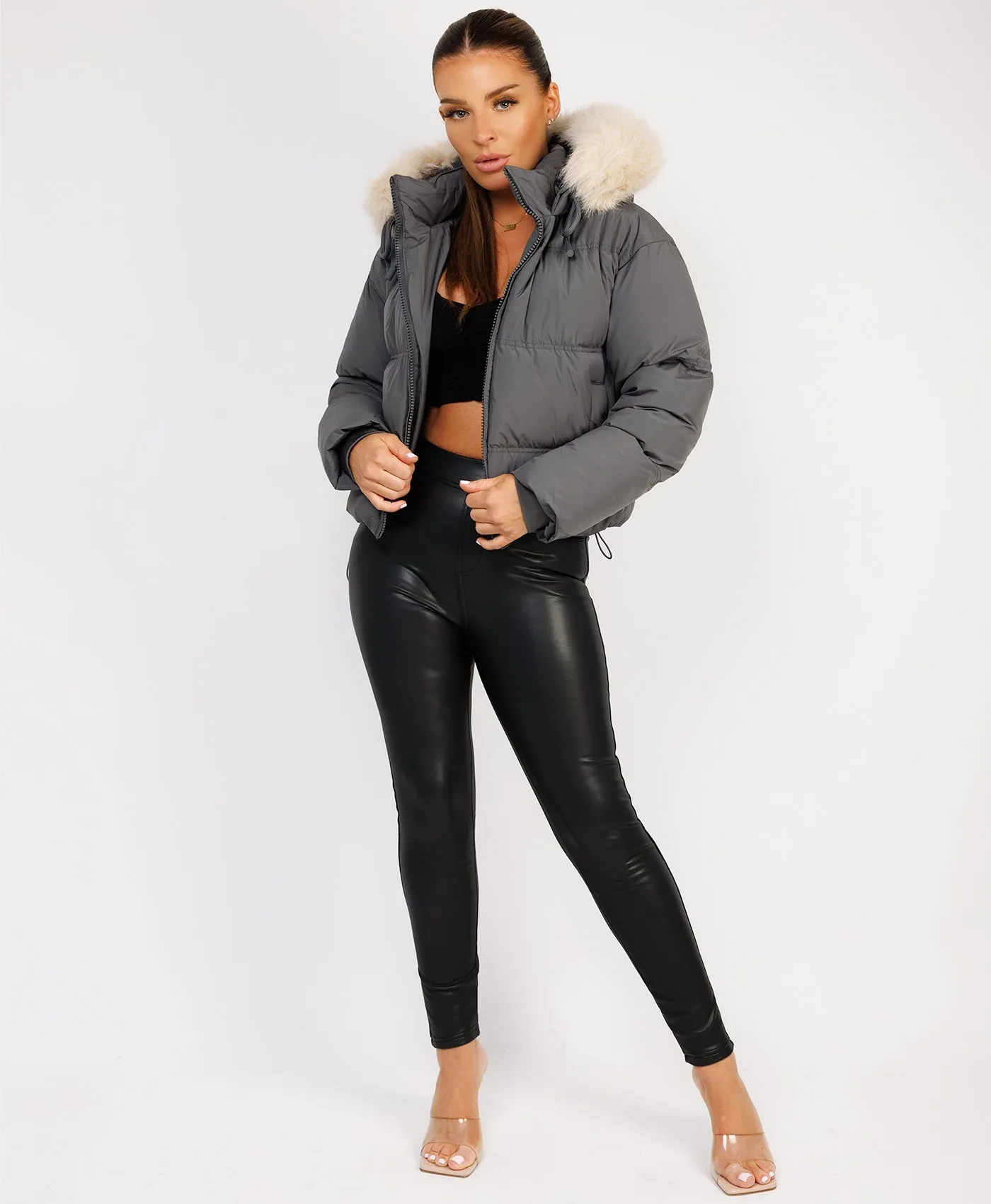 Grey Padded Puffer Chunky Faux Fur Hood Drawstring Jacket