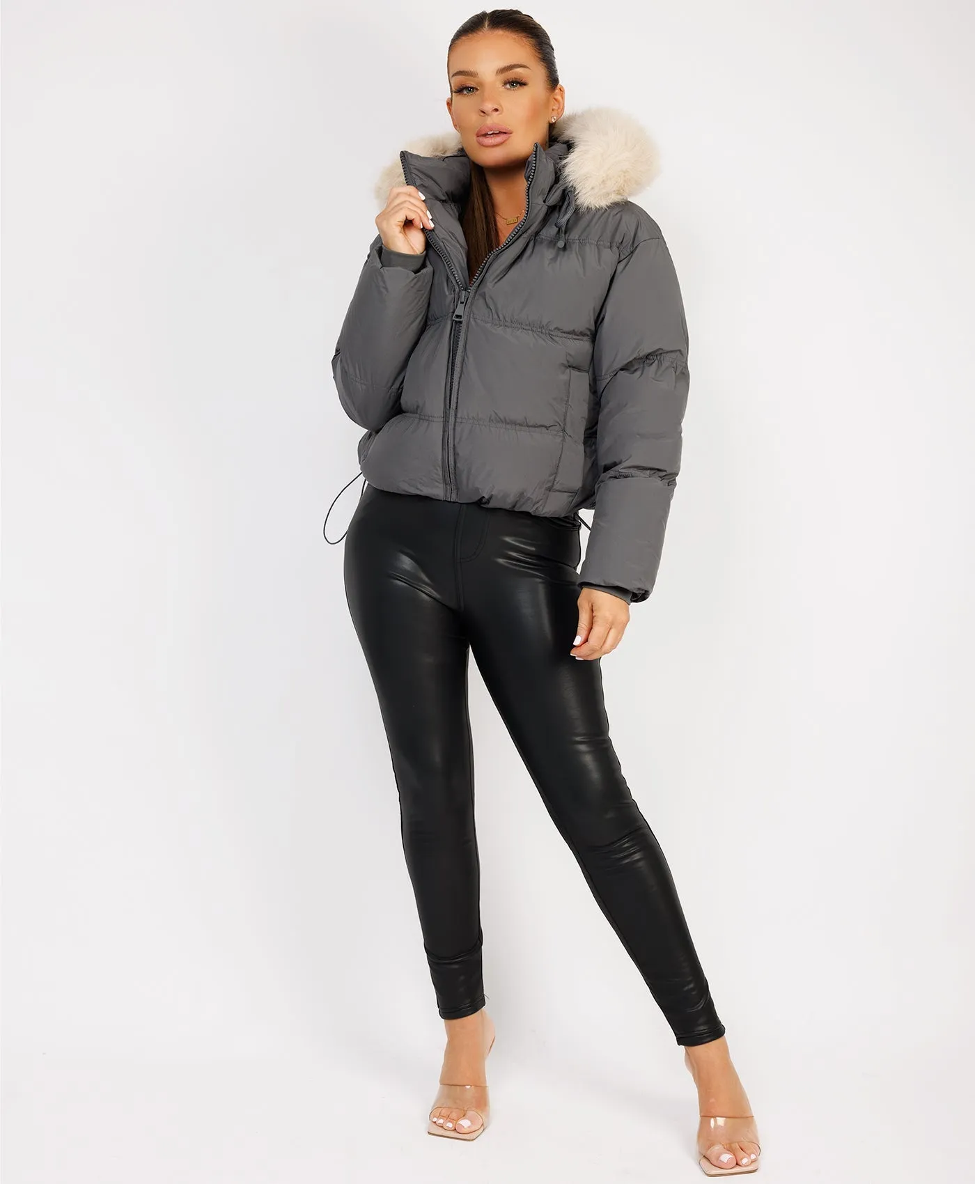 Grey Padded Puffer Chunky Faux Fur Hood Drawstring Jacket