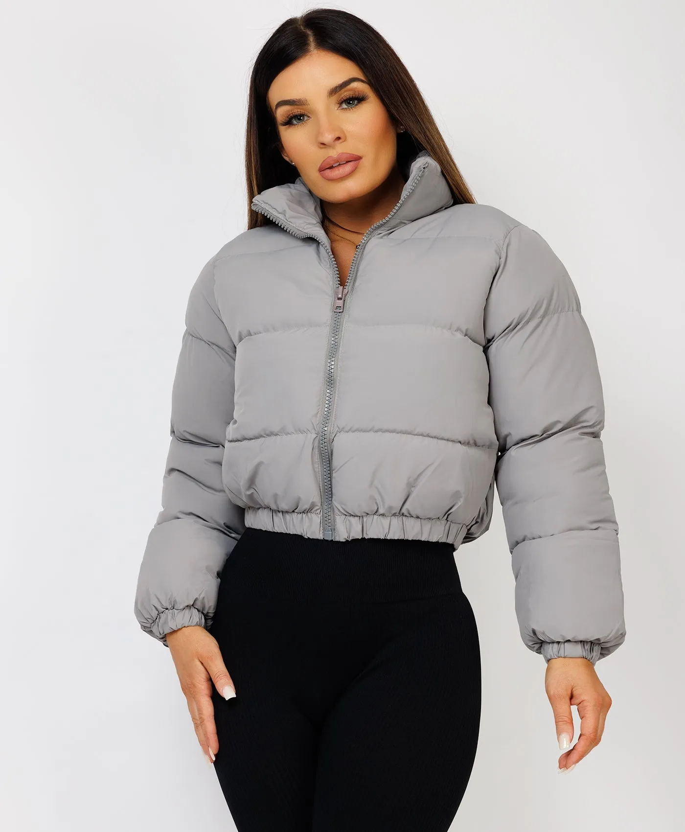 Grey Solid Front Zipper Cropped Padded Puffer Jacket