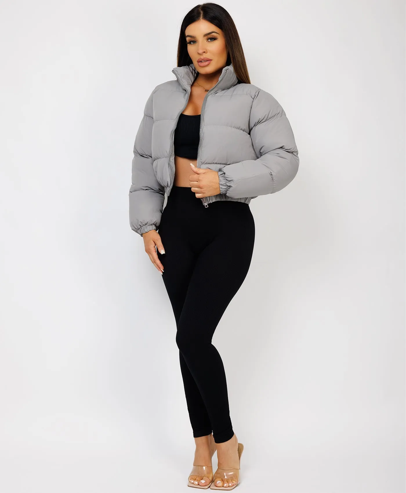 Grey Solid Front Zipper Cropped Padded Puffer Jacket