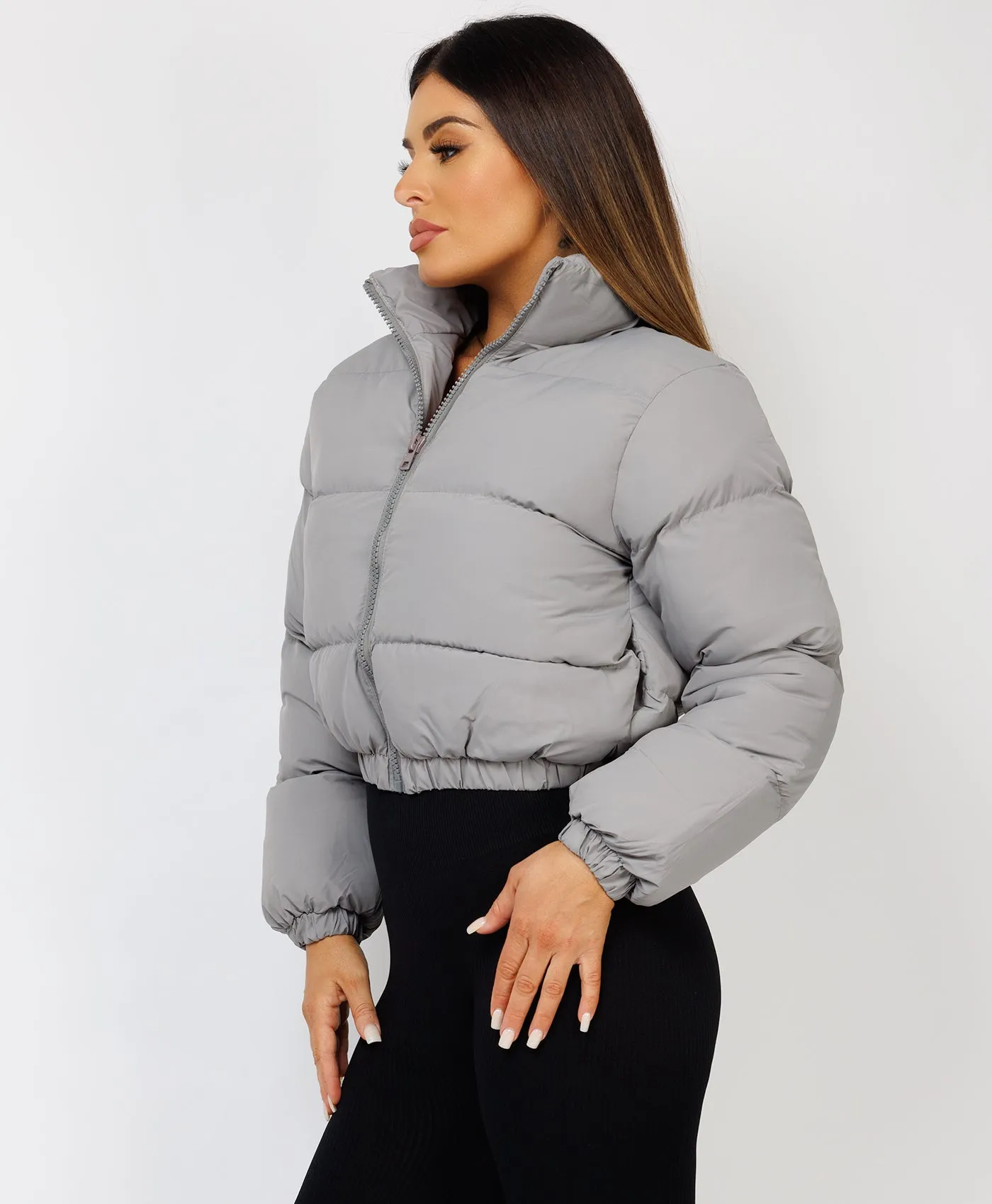 Grey Solid Front Zipper Cropped Padded Puffer Jacket