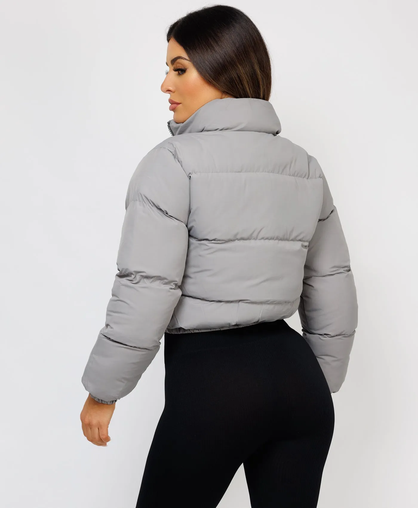 Grey Solid Front Zipper Cropped Padded Puffer Jacket