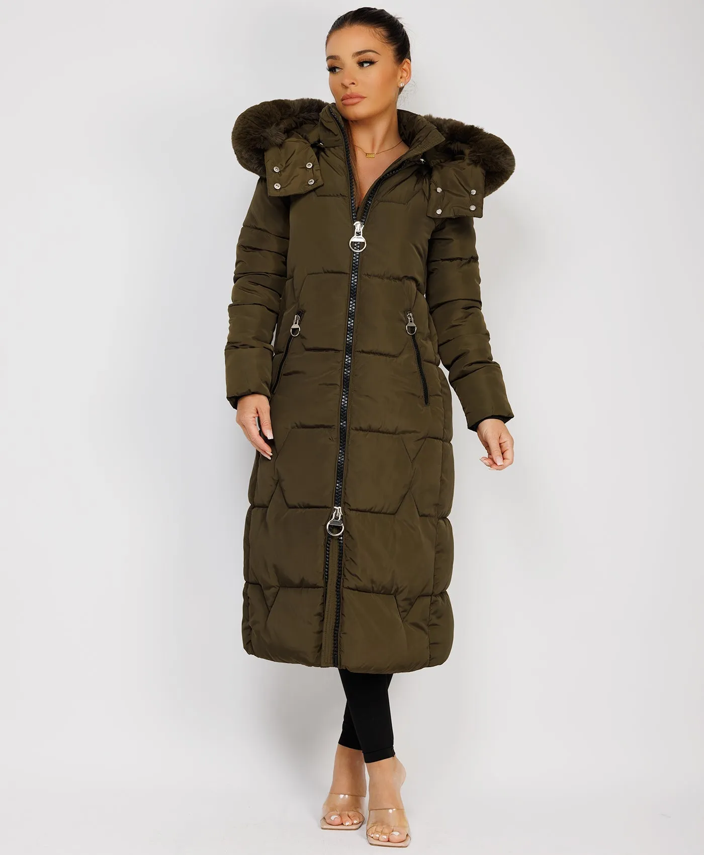 Khaki Long Padded Puffer Winter Trench Coat Jacket With Faux Fur Hood