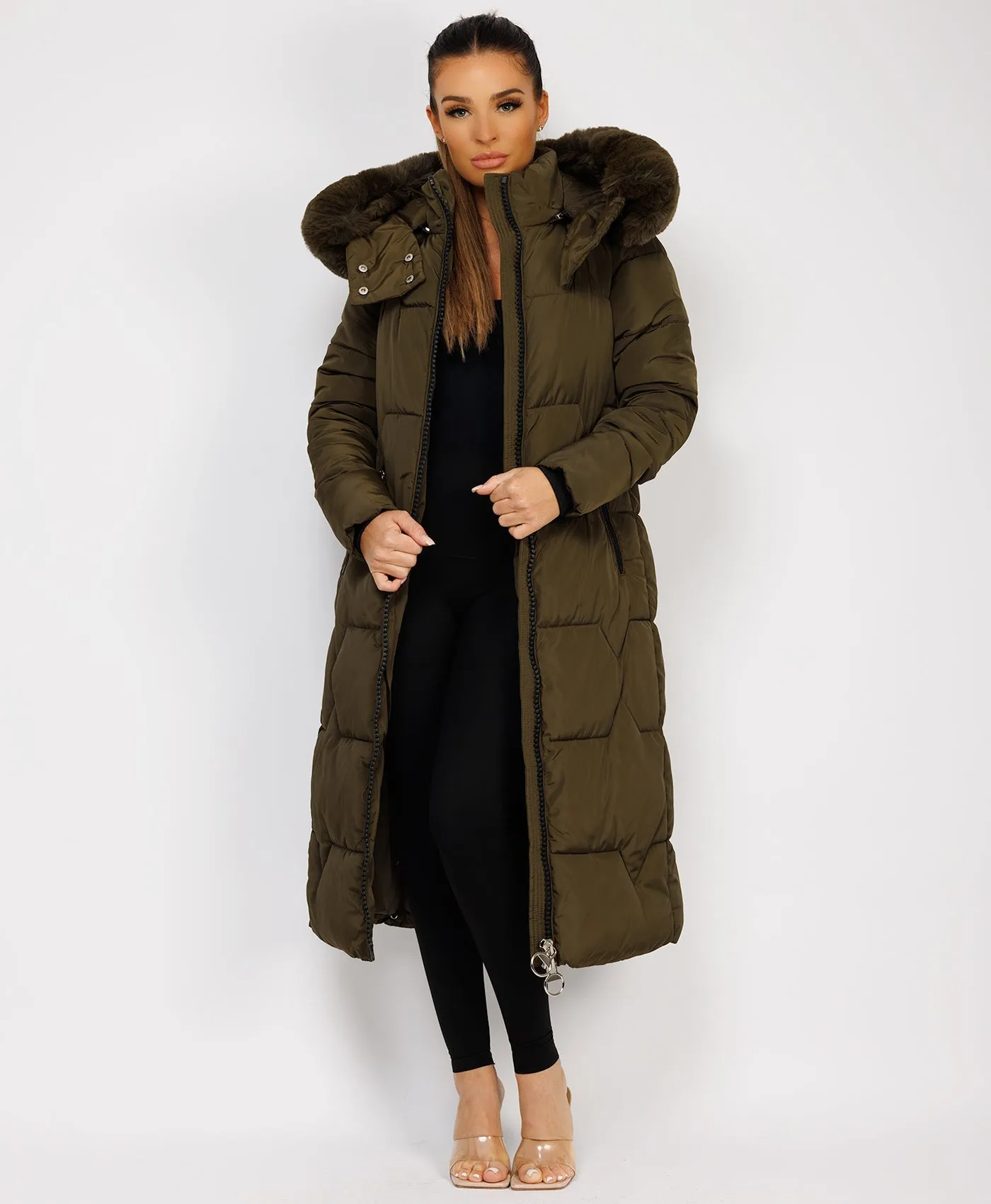 Khaki Long Padded Puffer Winter Trench Coat Jacket With Faux Fur Hood