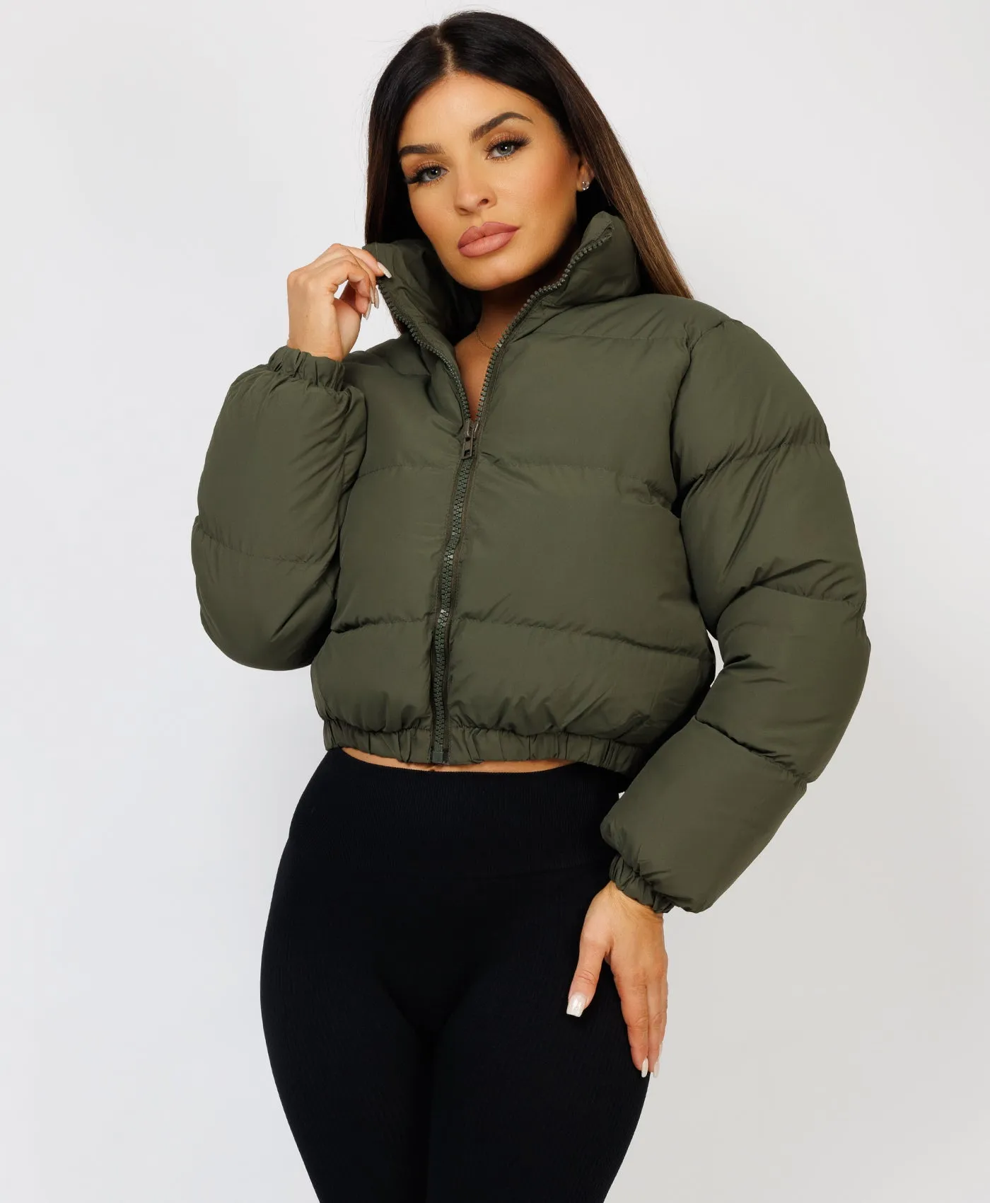 Khaki Solid Front Zipper Cropped Padded Puffer Jacket