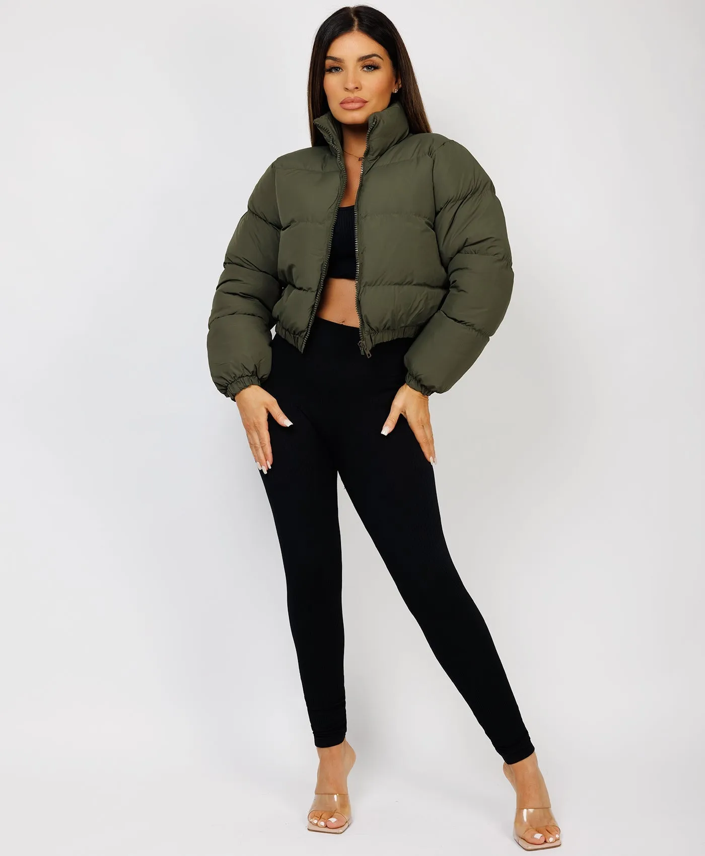 Khaki Solid Front Zipper Cropped Padded Puffer Jacket