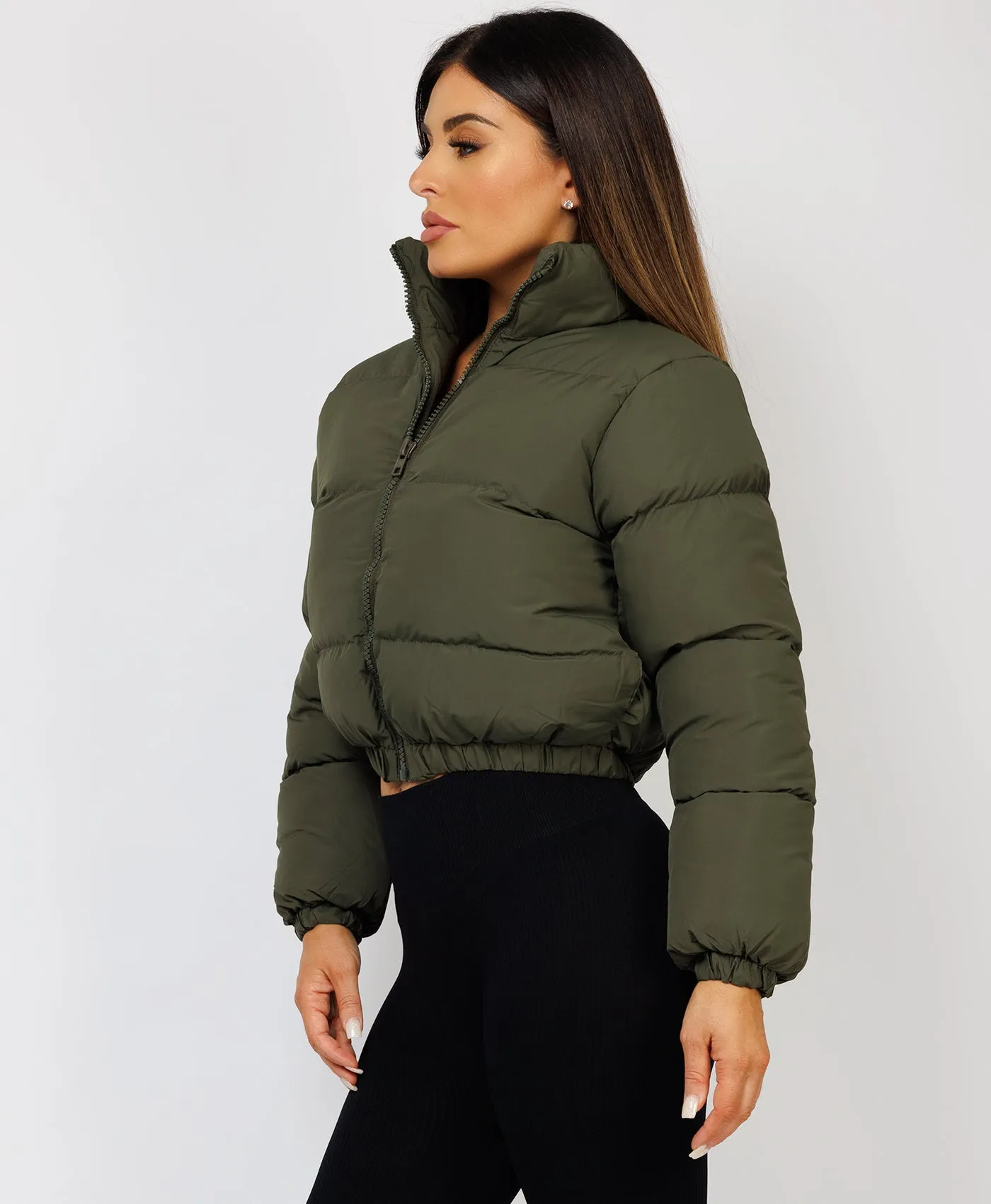 Khaki Solid Front Zipper Cropped Padded Puffer Jacket