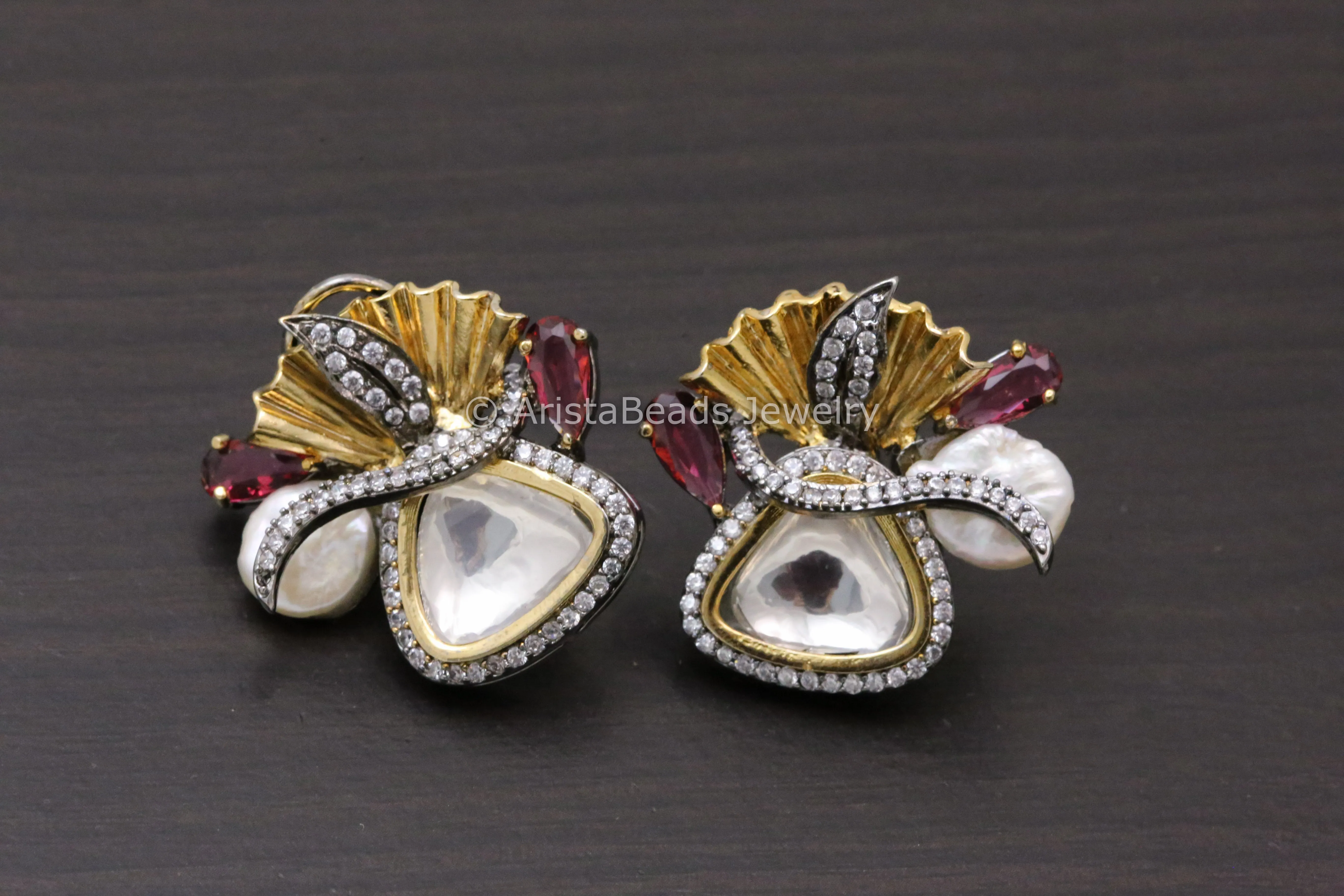 Large Victorian Uncut Polki Baroque Studs - Red