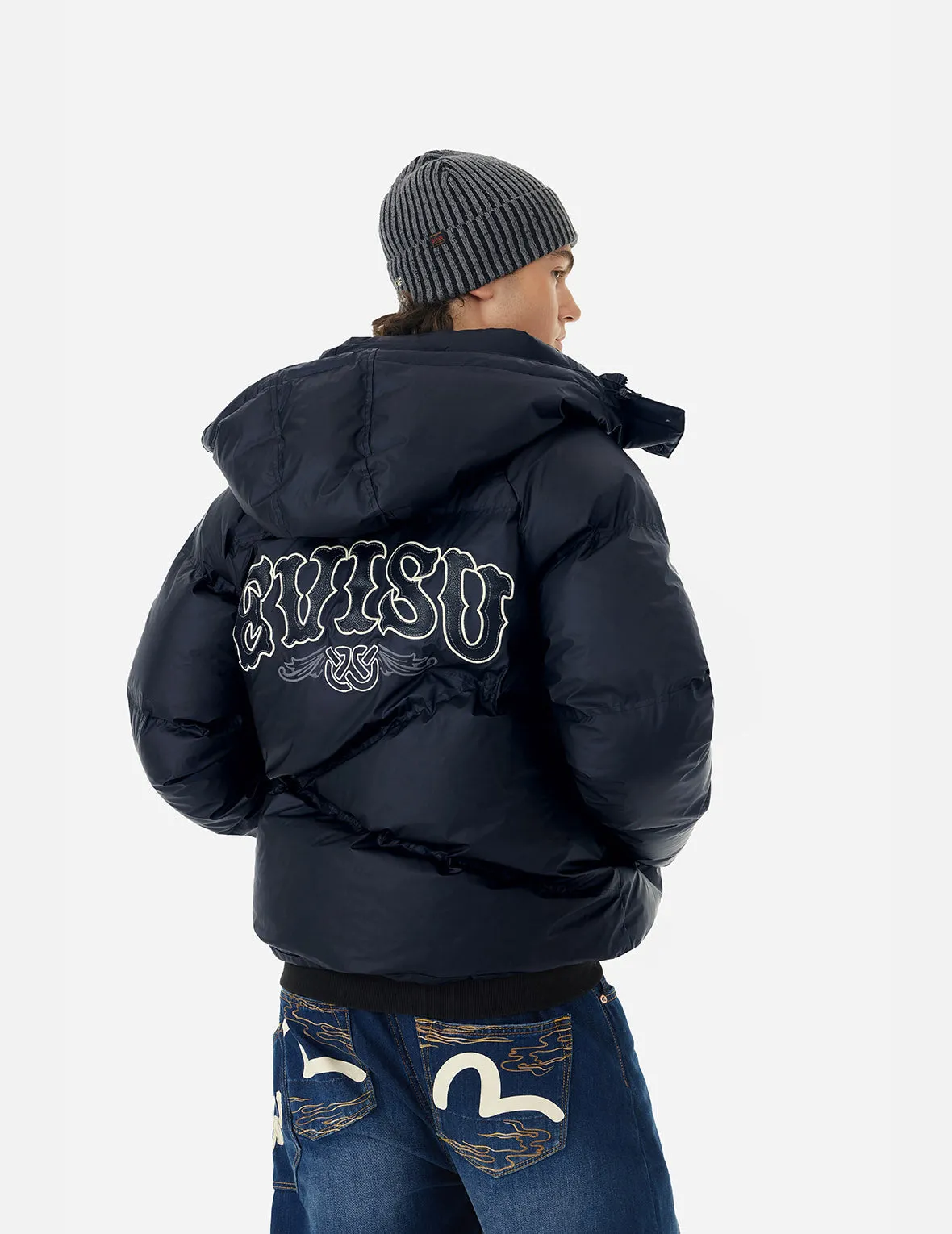 Logos and Wheel of Wisdom Embroidery Fashion Fit Down Jacket