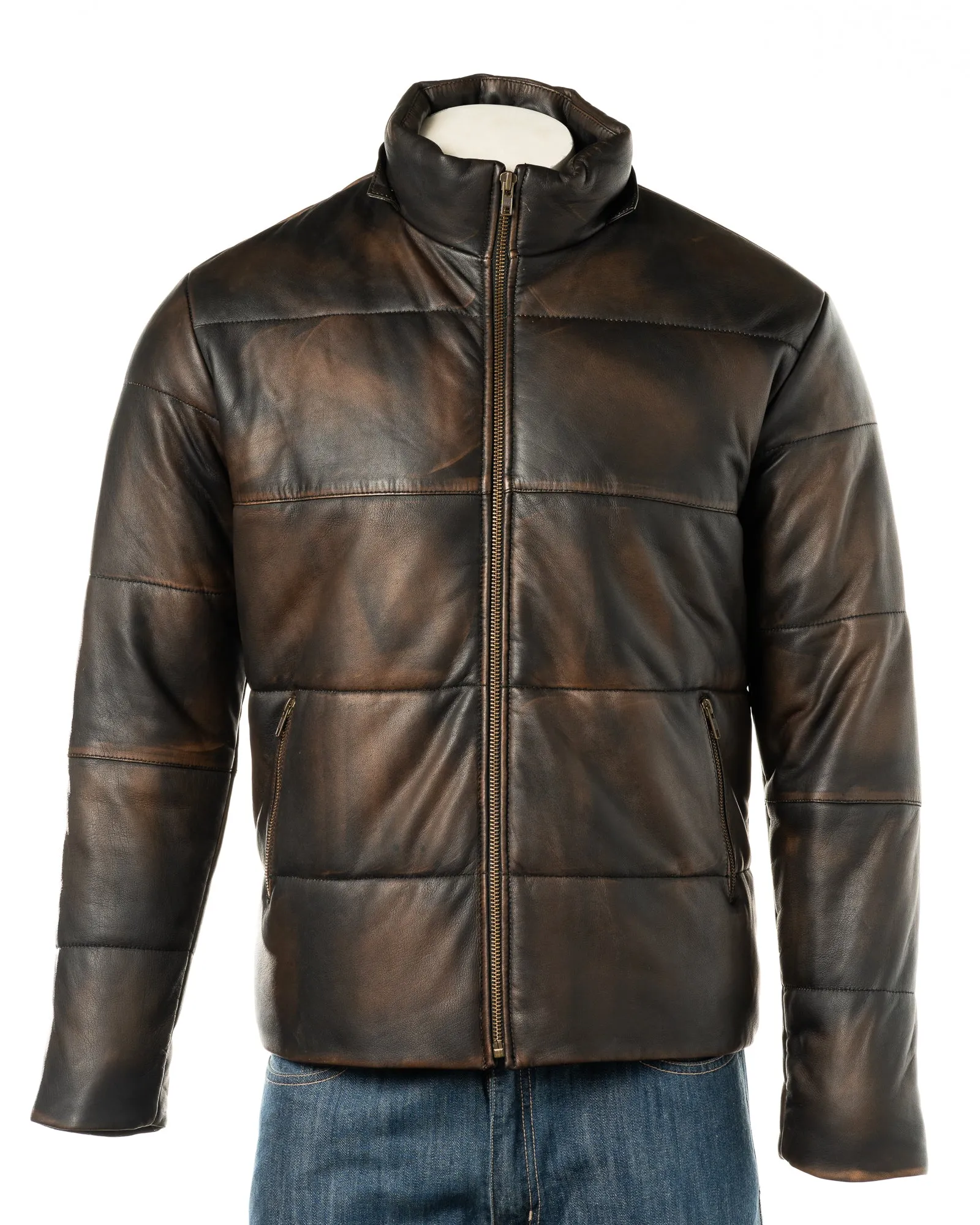 Men's Antique Black Leather Puffer Jacket With Detachable Hood: Dino