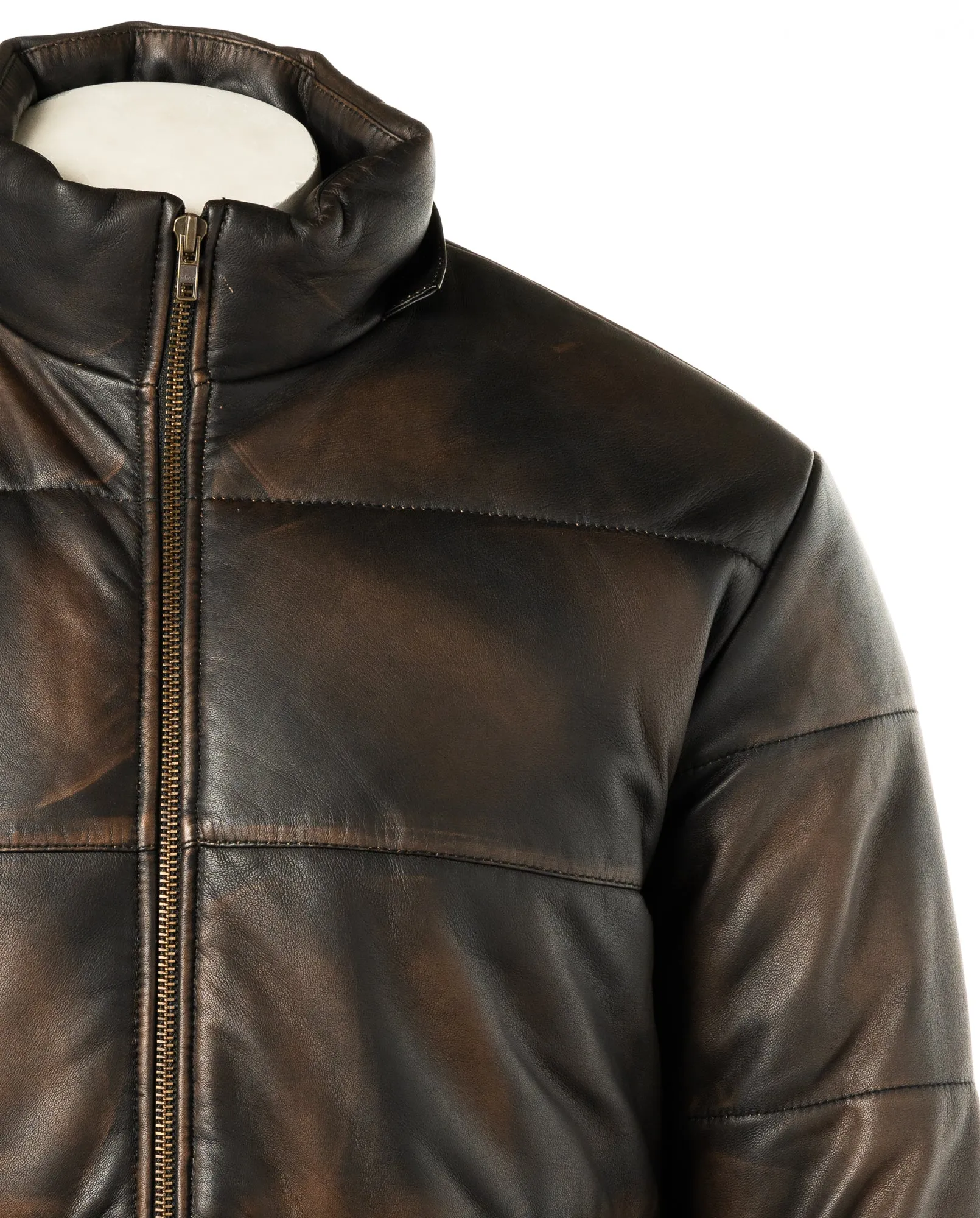 Men's Antique Black Leather Puffer Jacket With Detachable Hood: Dino