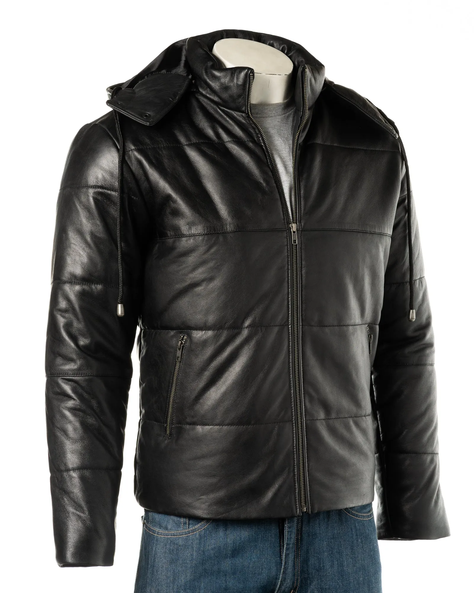 Men's Black Leather Puffer Jacket With Detachable Hood: Dino