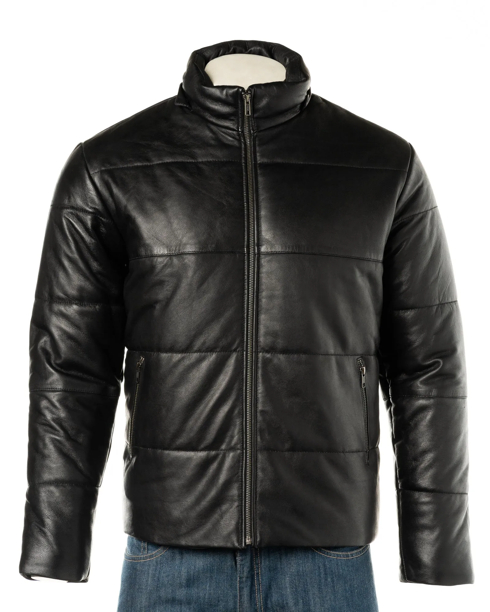 Men's Black Leather Puffer Jacket With Detachable Hood: Dino