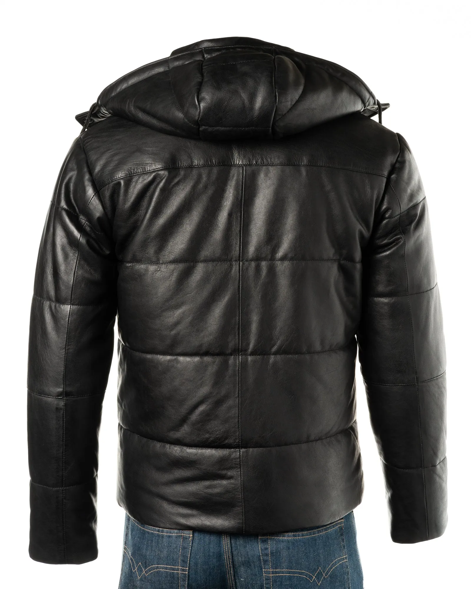 Men's Black Leather Puffer Jacket With Detachable Hood: Dino