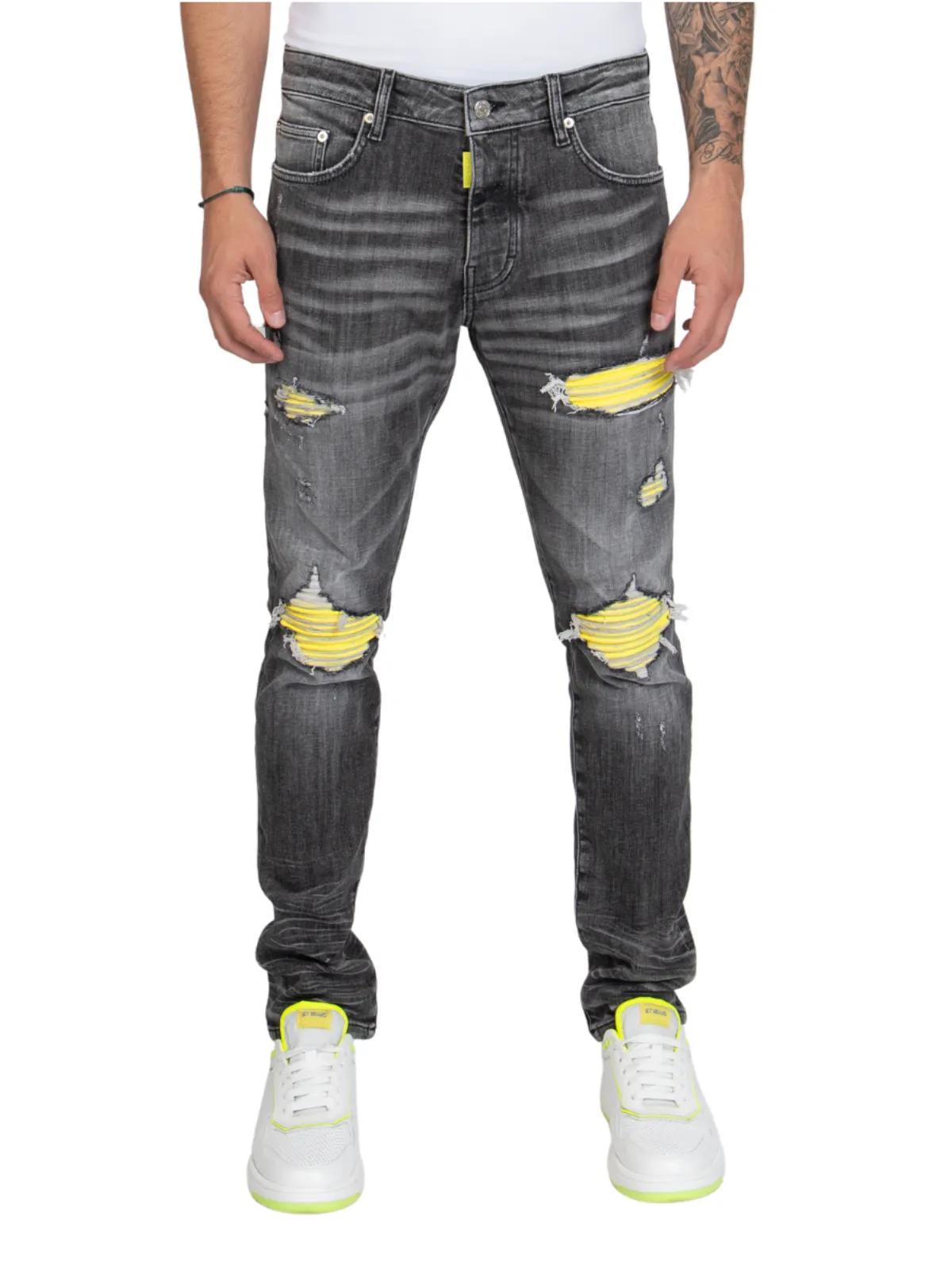 NEON RIPPED BIKER LABEL, NEON LEBEL | GREY JEANS