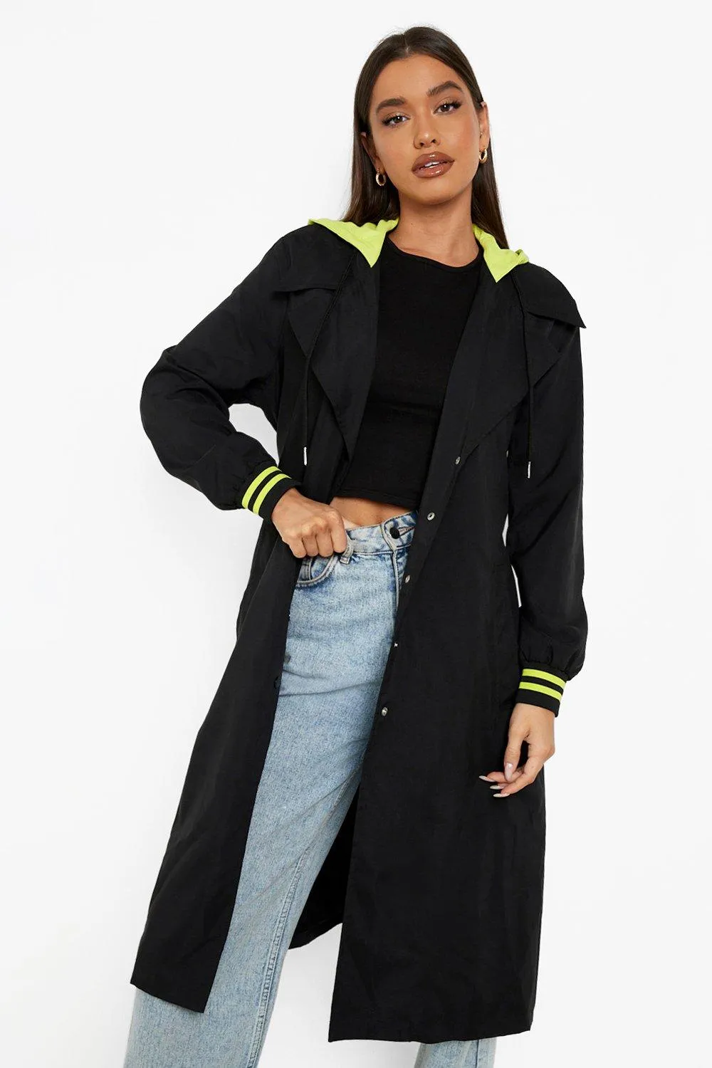 Neon Trim Belted Trench Coat