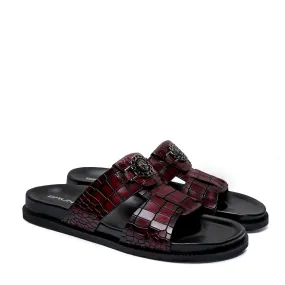 Pass Through Broader Toe Strap Leather Slippers in Wine Leather