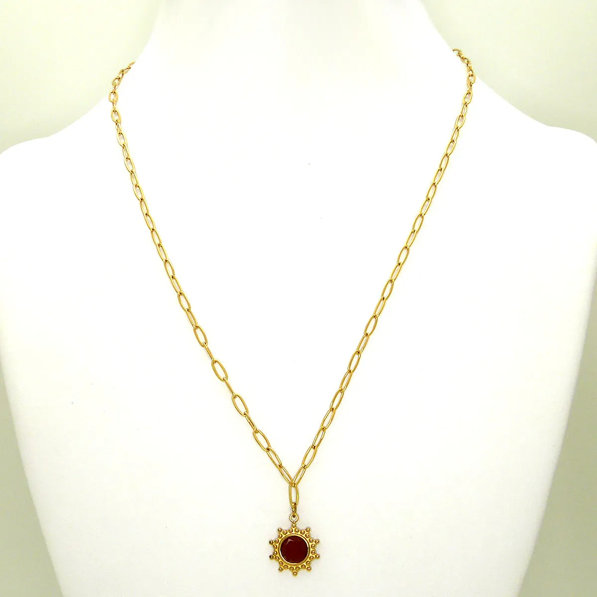 Persimmon Red Stone Pendant 14K Gold plated Chain Necklace by Trades Haim Shahar