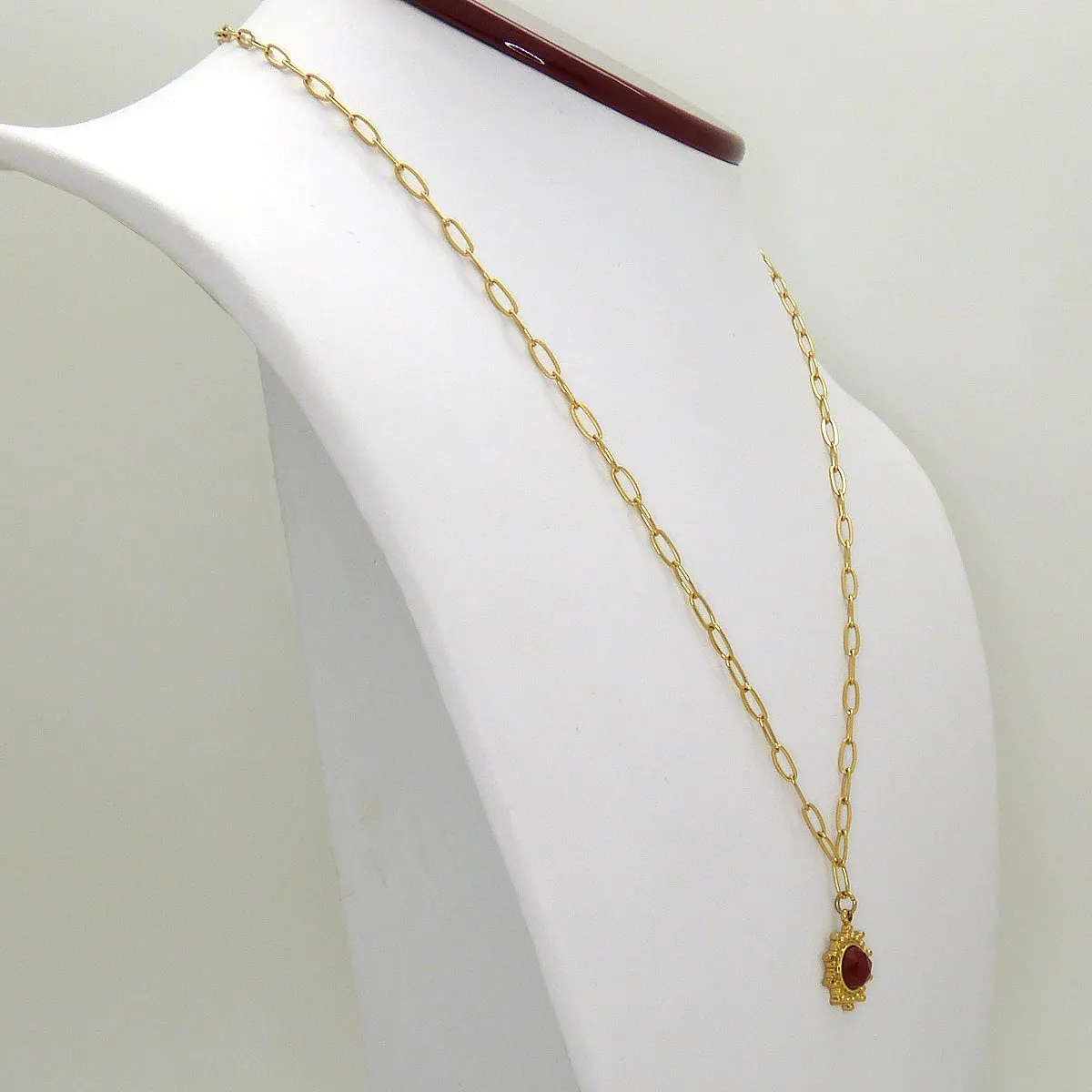 Persimmon Red Stone Pendant 14K Gold plated Chain Necklace by Trades Haim Shahar