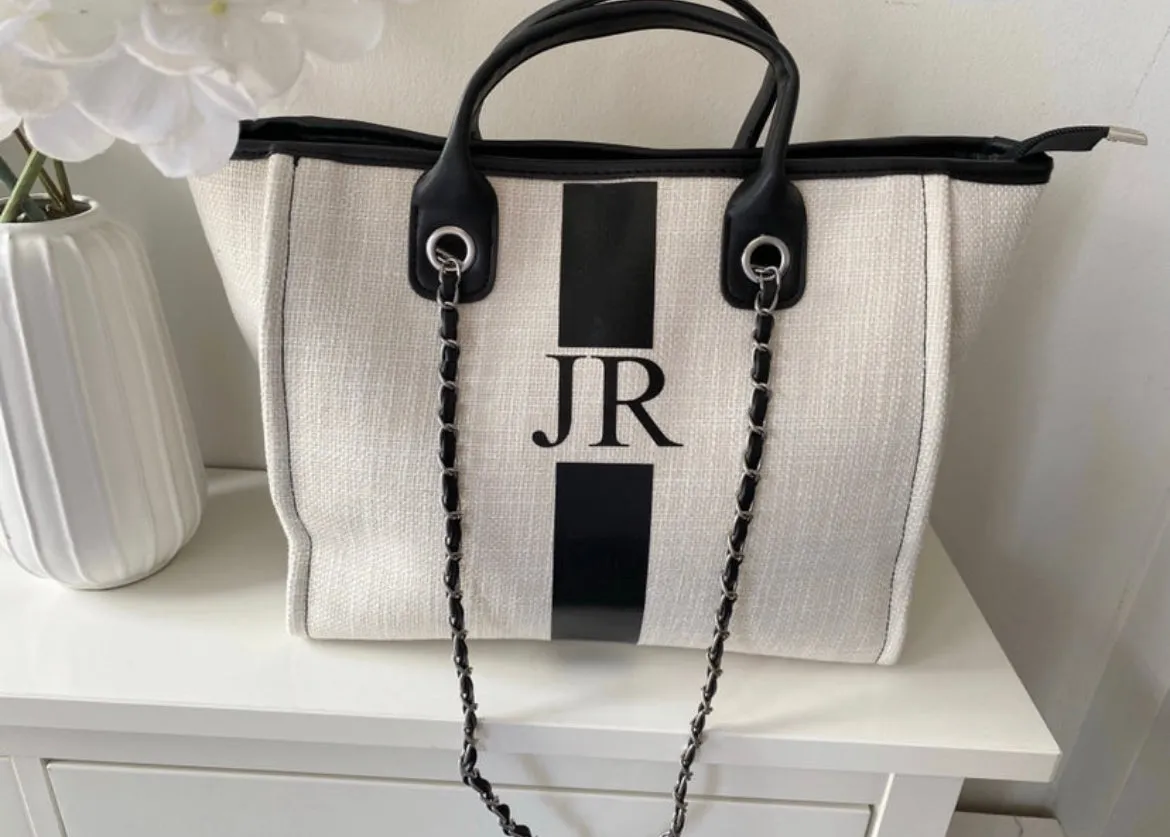 Personalised Monogram Canvas Cream and Black with stripe Tote Bag