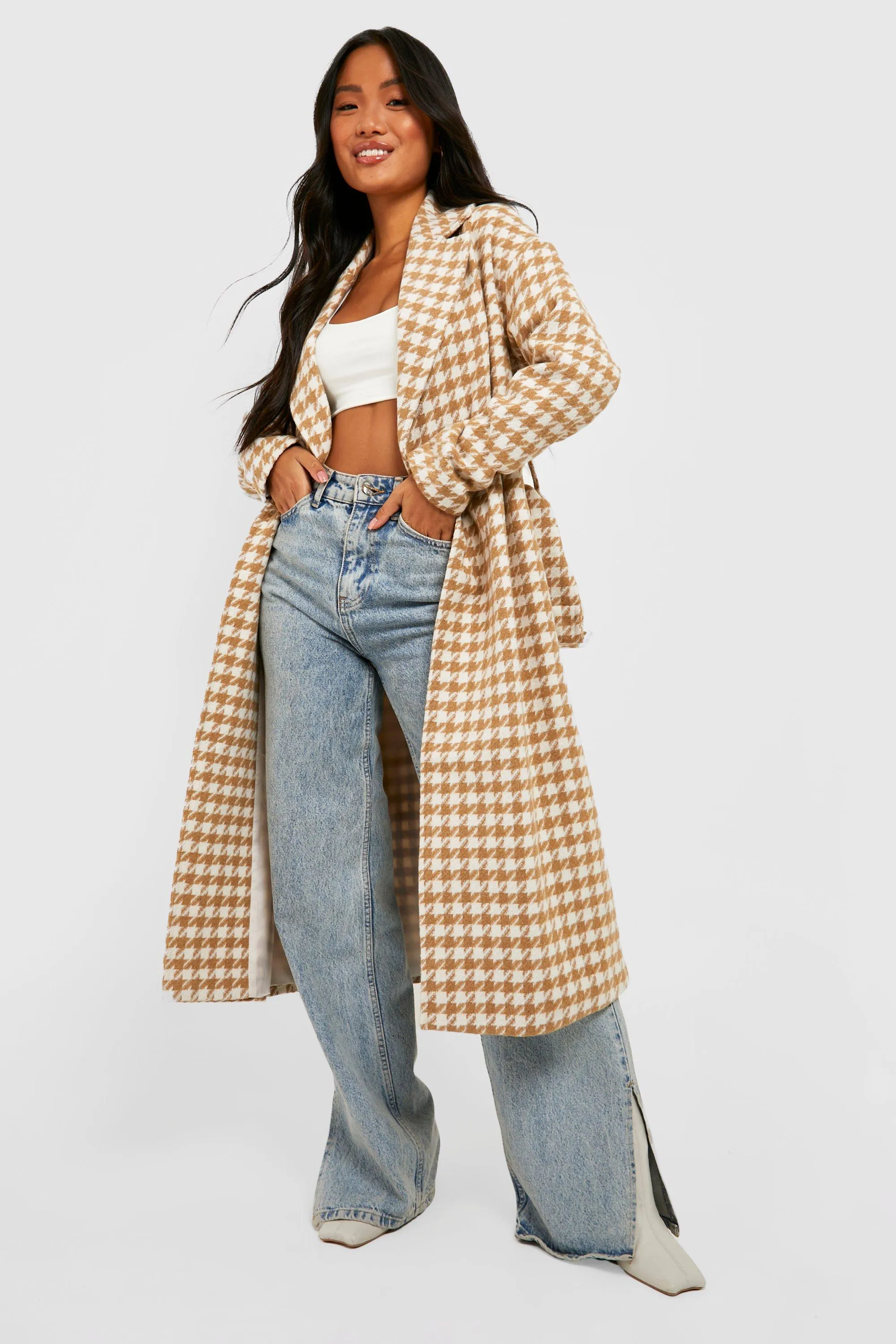 Petite Dogtooth Belted Wool Look Trench