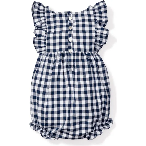 Petite Plume Ruffled Romper, Navy Gingham