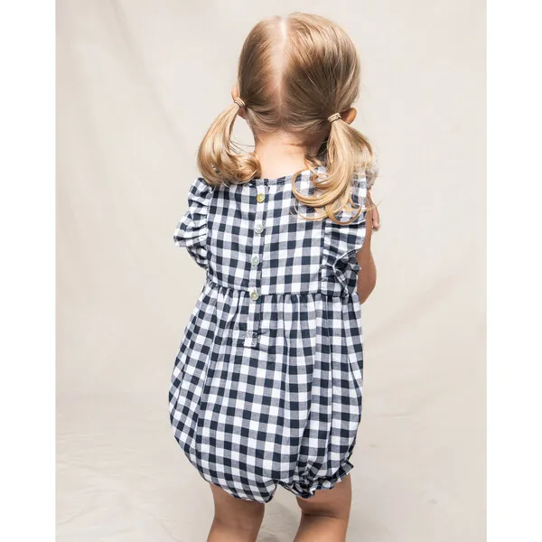 Petite Plume Ruffled Romper, Navy Gingham