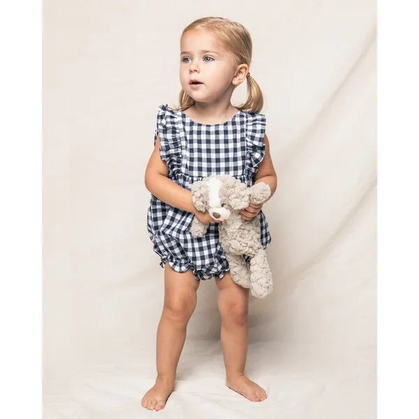 Petite Plume Ruffled Romper, Navy Gingham