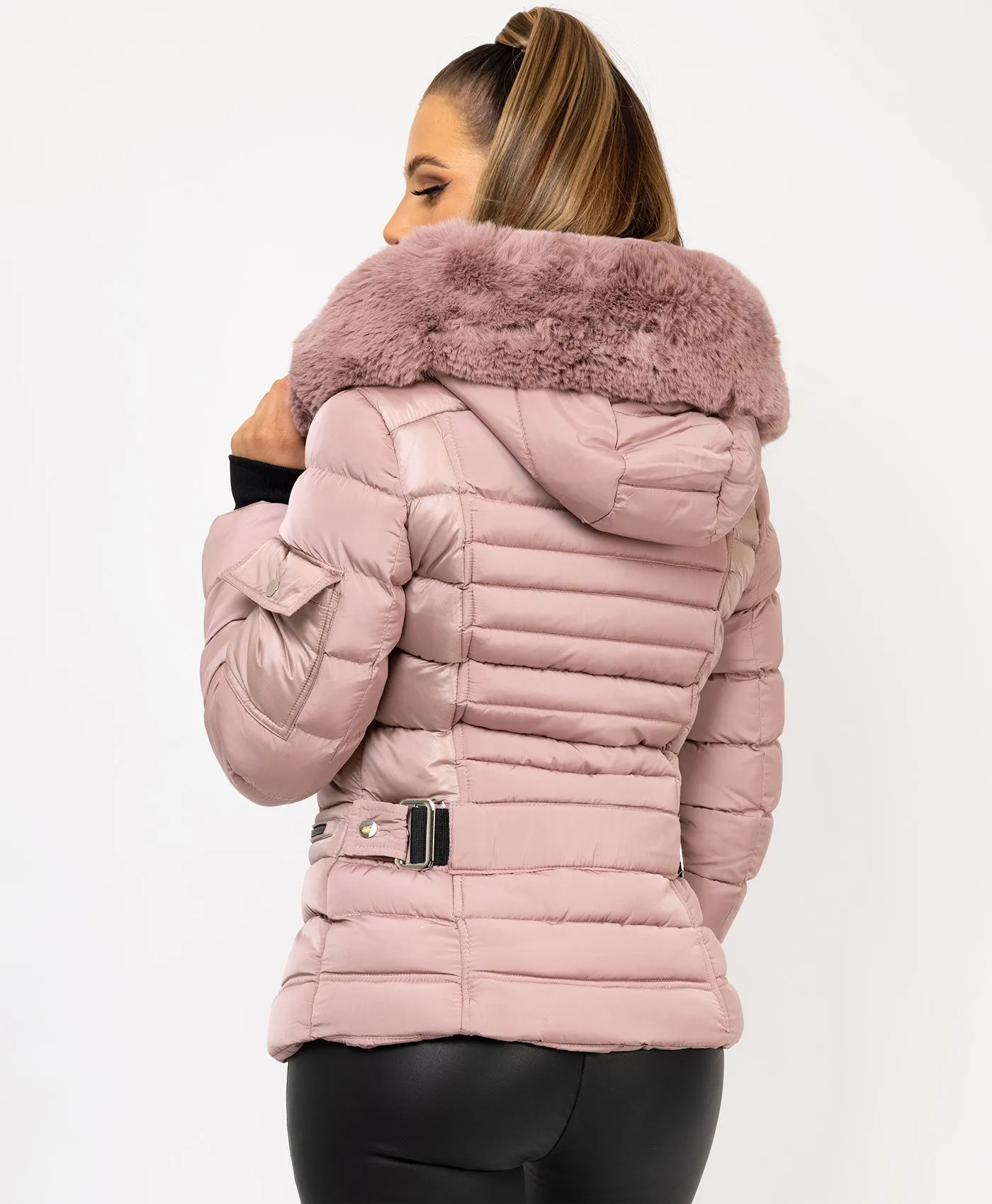 Pink Padded Quilted Faux Fur Hood Puffer Jacket Coat