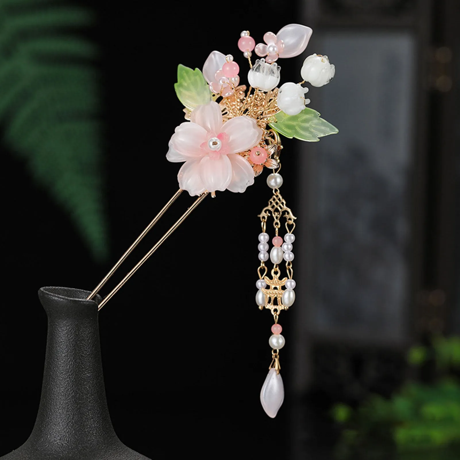 Pink White Flower Pearl Wedding Bridal Hair Stick Headwear